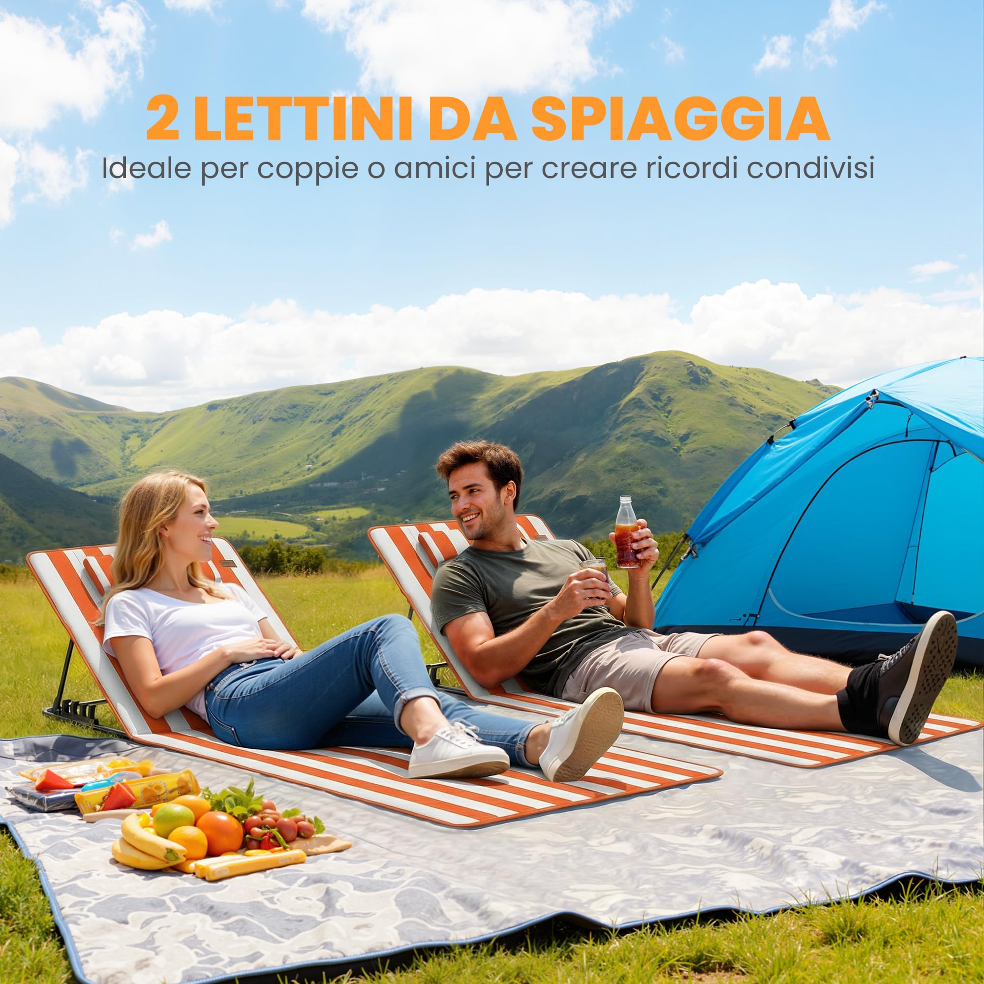 Outsunny Set 2 Lettini da Spiaggia con Schienale Regolabile su 4 Livelli, Lettini da Spiaggia Pieghevoli con Poggiatesta, Tasca Laterale, Lettino Prendisole per Mare Piscina, Arancione e Bianco
