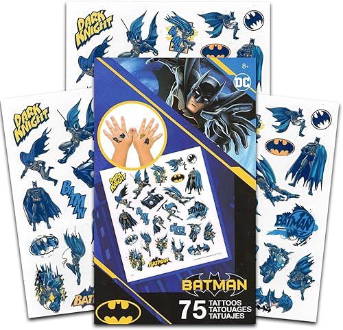 DC Comics - Juego de tatuajes temporales de Batman – Paquete de 75 tatuajes de Batman para niños | Suministros de fiesta de superhéroes