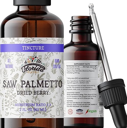 Saw Palmetto Tintura de 2 oz - Extracto de hierbas orgánicas  Sin alcohol  Gotas de hierbas veganas