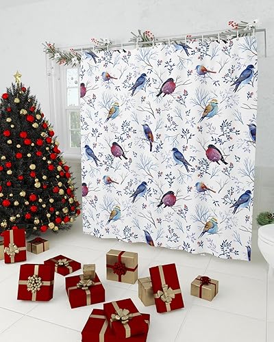 Juego de cortinas de ducha impermeables con diseño de pájaros de Navidad, extra largas de 72 x 78 pulgadas, cortina de baño de tela de poliéster con