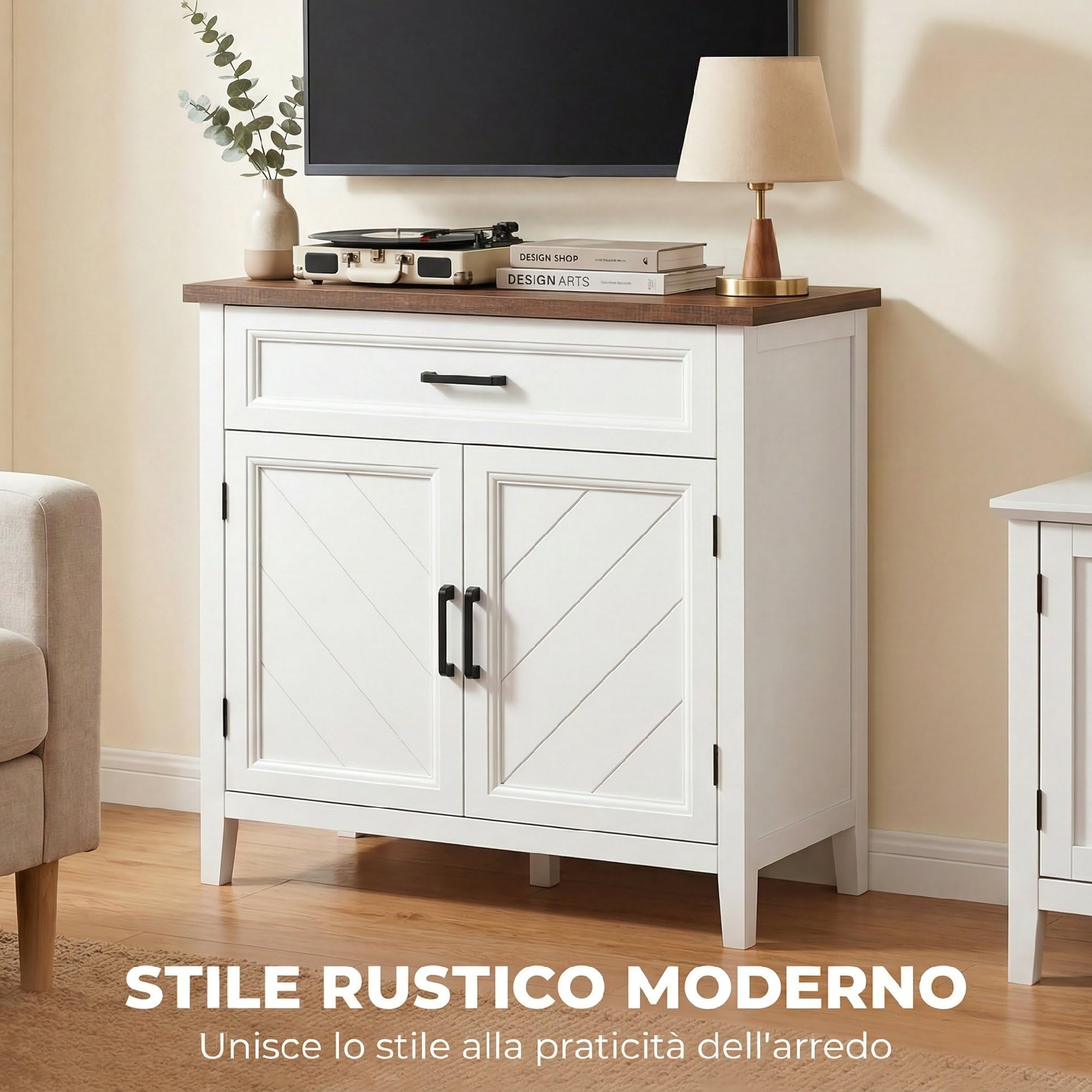 HOMCOM Credenza Cucina, Mobile Cucina con 2 Ante, Ripiano Regolabile e Cassetto, Piano Effetto Legno, Stile Rustico, Credenza Buffet per Soggiorno, Salotto, Sala da Pranzo, 76x35x80 cm, Bianco
