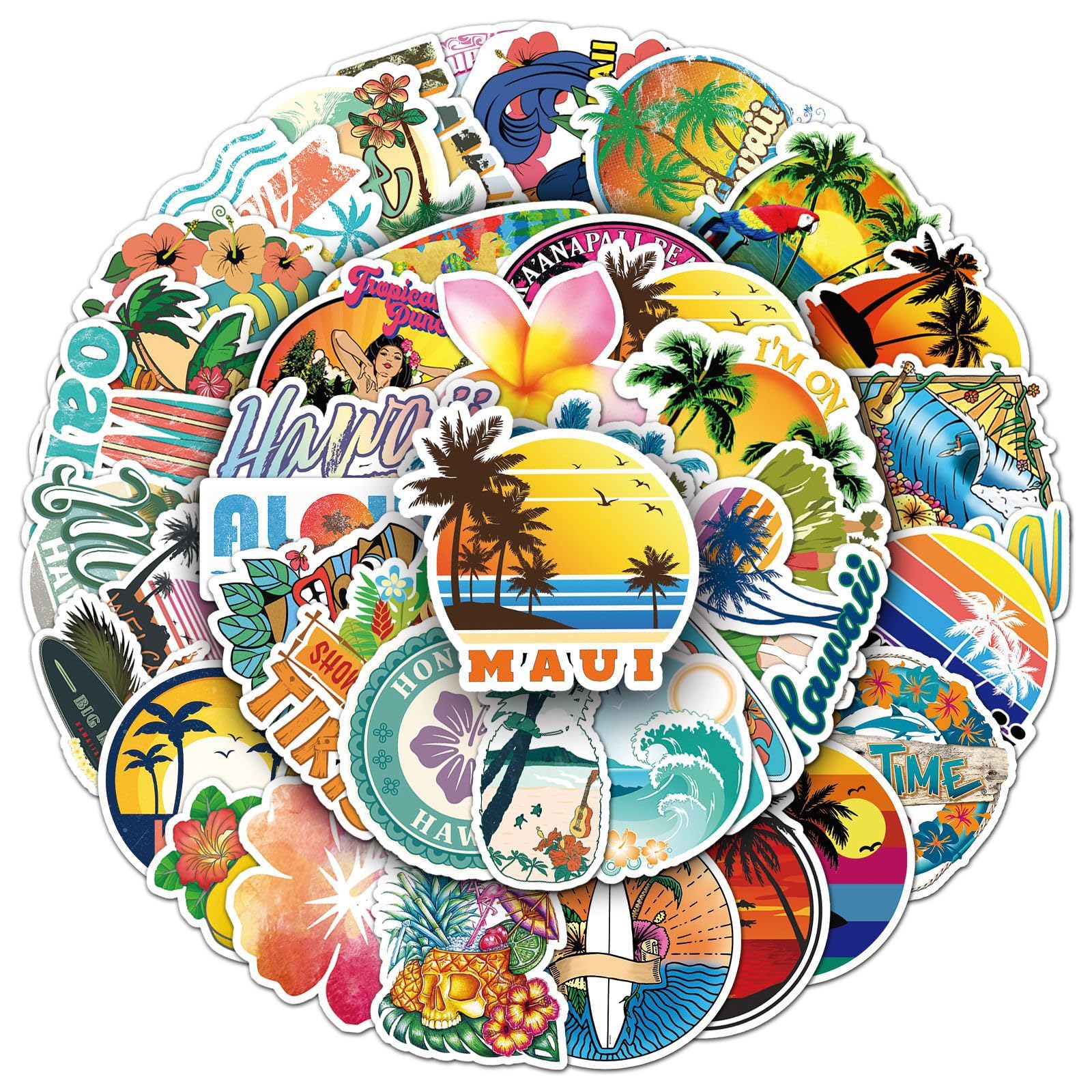 Auf Hawaii Aufkleber 50 Stück Skateboard Graffiti Aufkleber Motorräder Fahrrad Snowboard Gepäck Laptop Auto Koffer für Kinder und Jugendliche Wasserdichte Vinyl Aufkleber Hawaii Beach Stickers