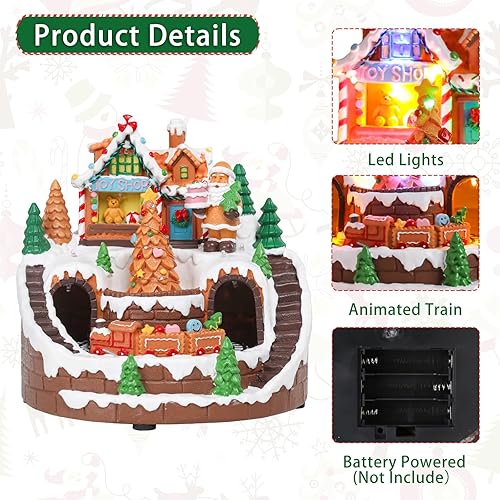 Miniatura 5 de DREAM GARDEN Casa de pueblo de Navidad, casa de pan de jengibre con tren móvil y árbol de Navidad, funciona con pilas, edificios musicales