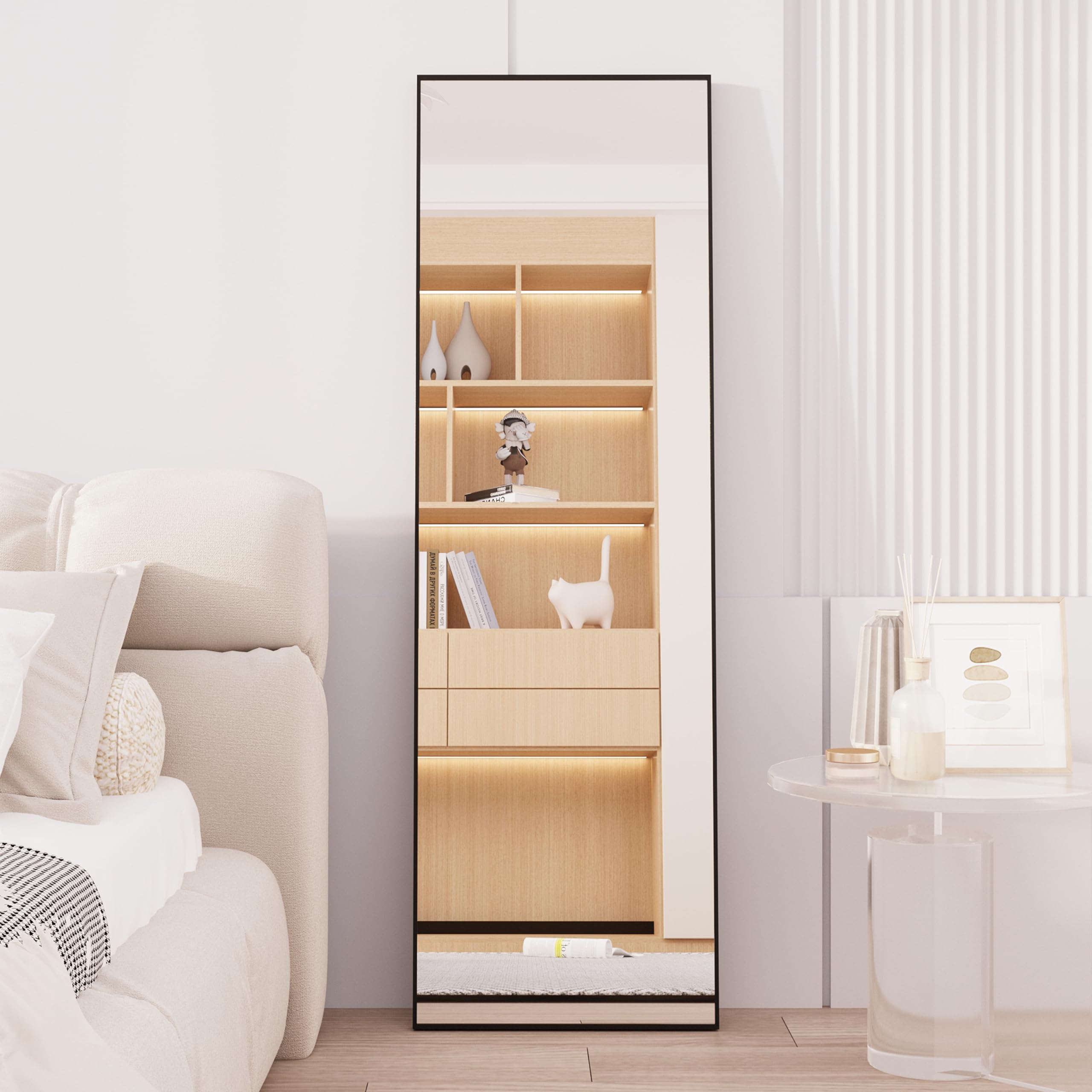 Lustro stojące z czarną metalową ramą 140 x 40 cm lustro pełne | Rama ze stopu aluminium, szkło hartowane, stojąca lub wisząca na ścianie do sypialni, salonu, korytarza