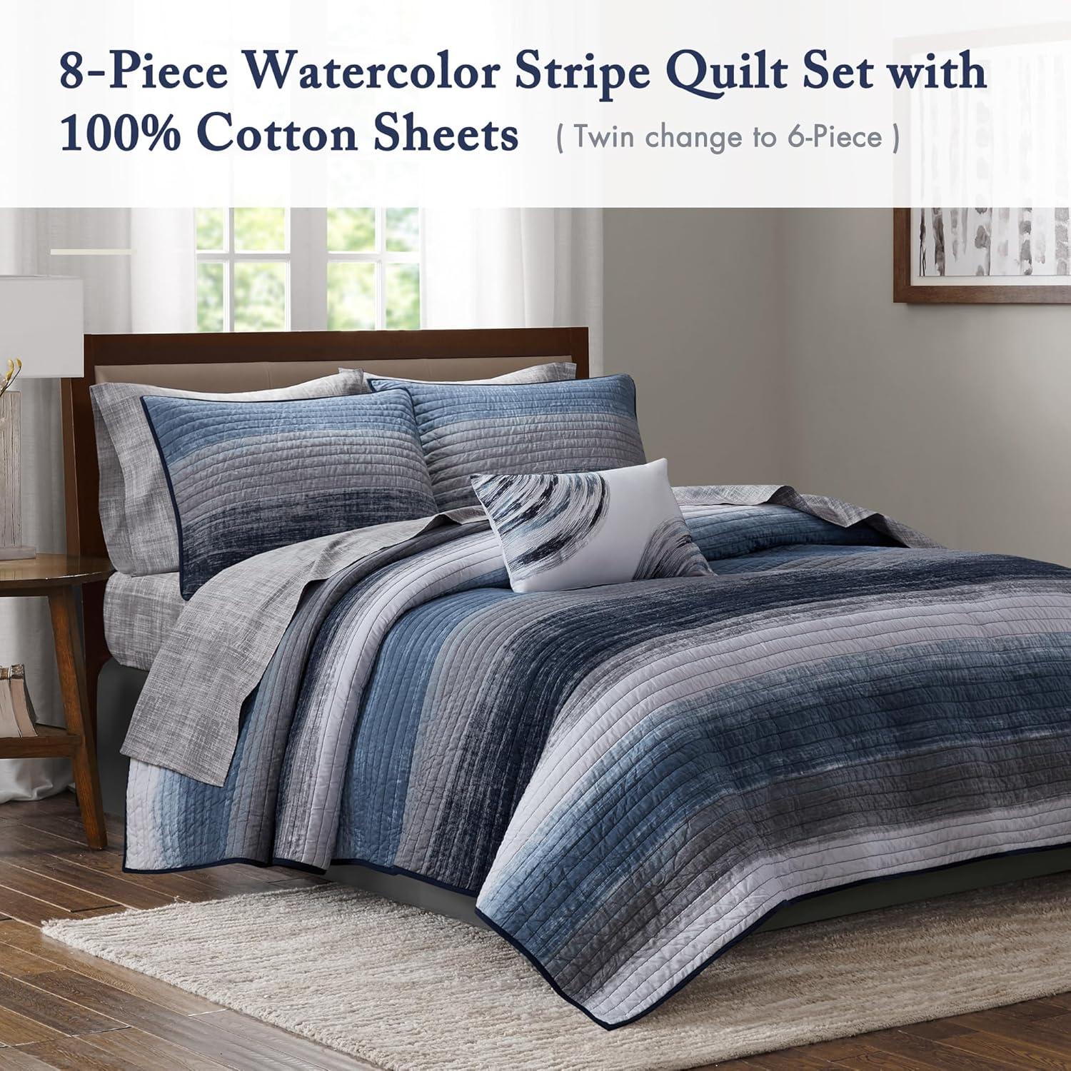 Madison Park Essentials Saben Cozy Bed in A Bag Reversible Quilt with Complete Cotton Sheet Set-Geometric Design All Season Cover, Decorative Pillow,King(104"x92"), Stripes Navy 8 Piece