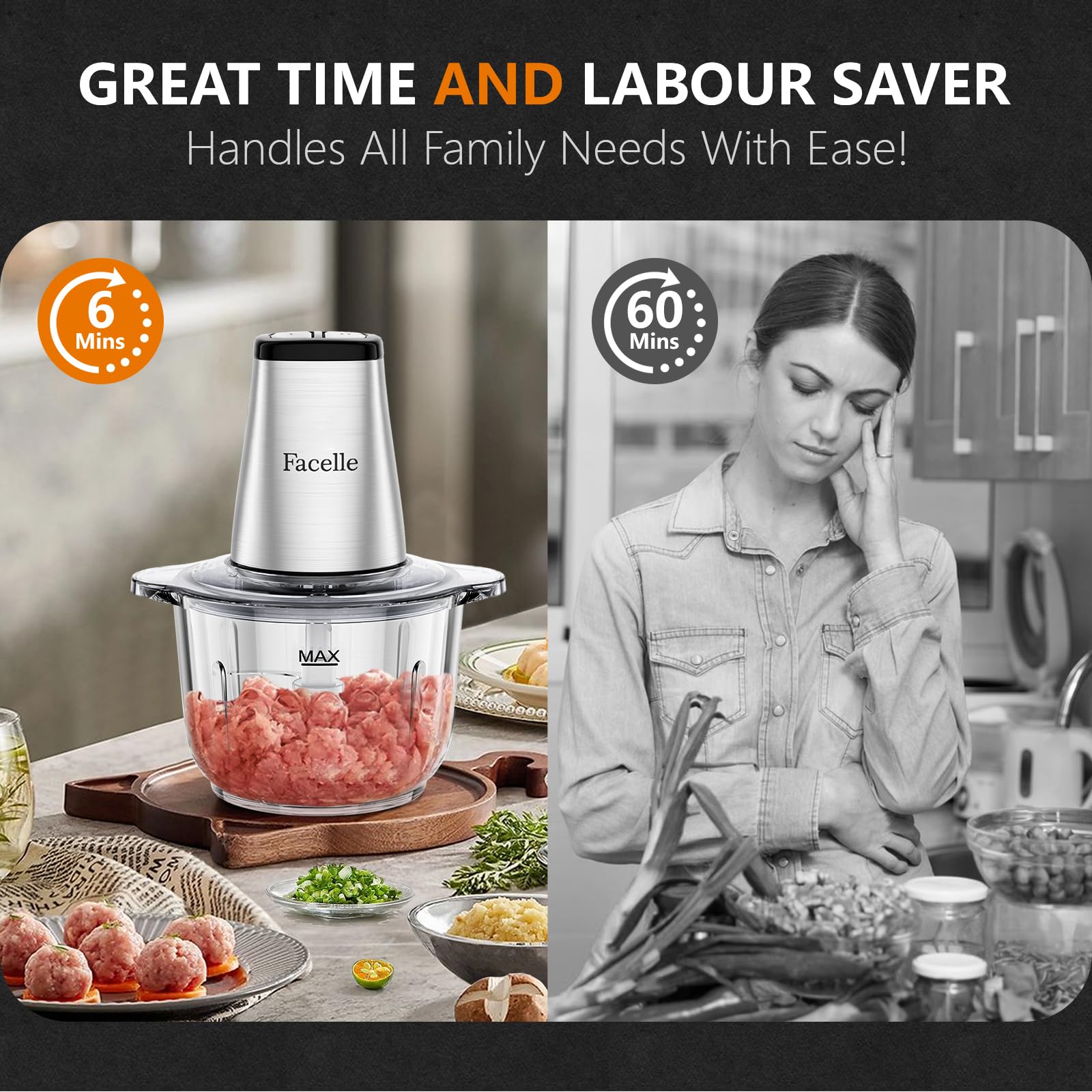 Picadora Electrica, Facelle Trituradora de Alimentos de 2L Picadora de Carne Eléctrica de 500 W con Recipiente de 4 Cuchillas Afiladas Para Carne, Verduras, Frutas, Frutos Secos y Alimentos Para Bebés