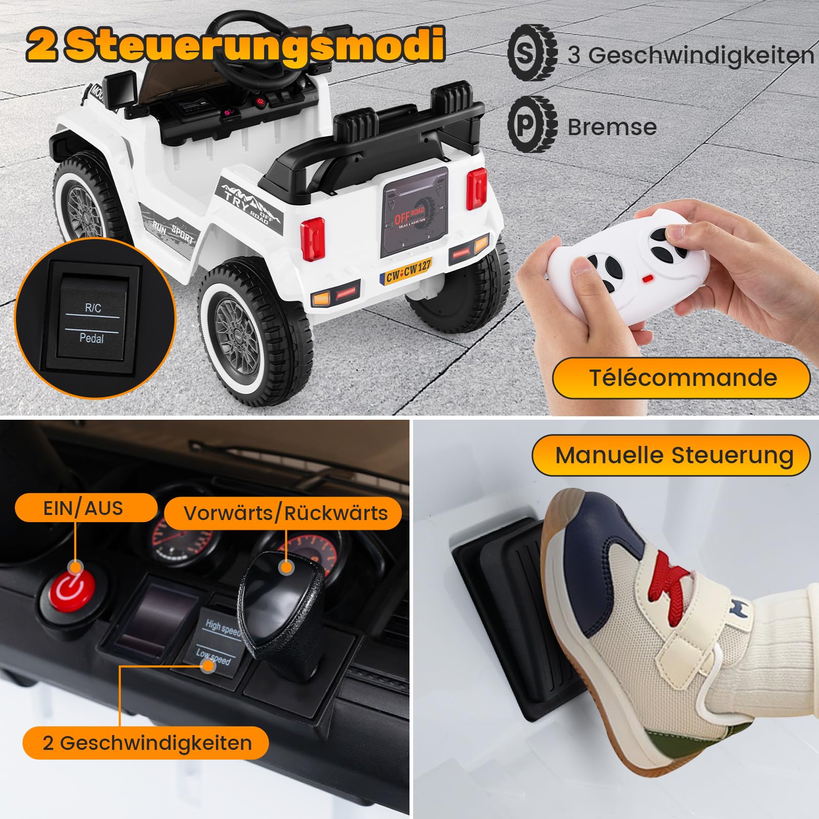 COSTWAY Elektryczny samochód dla dzieci, 12 V, elektryczny samochód dziecięcy z pilotem zdalnego sterowania, reflektorami LED, muzyką i USB, pojazd elektryczny dla dzieci od 3 lat (biały)