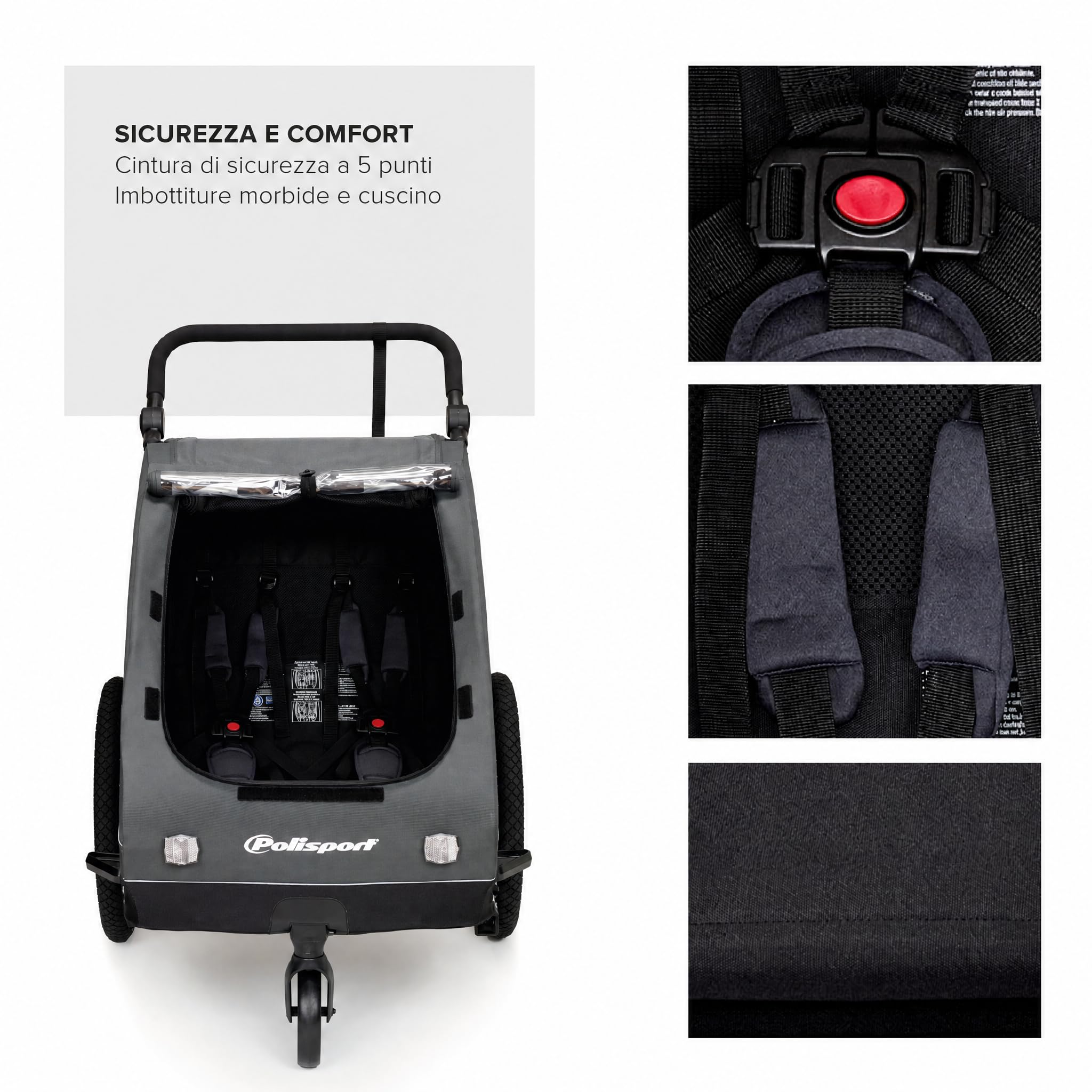 Polisport Rimorchio Bici Bambini 2 in 1 con Passeggino, Nero/Grigio