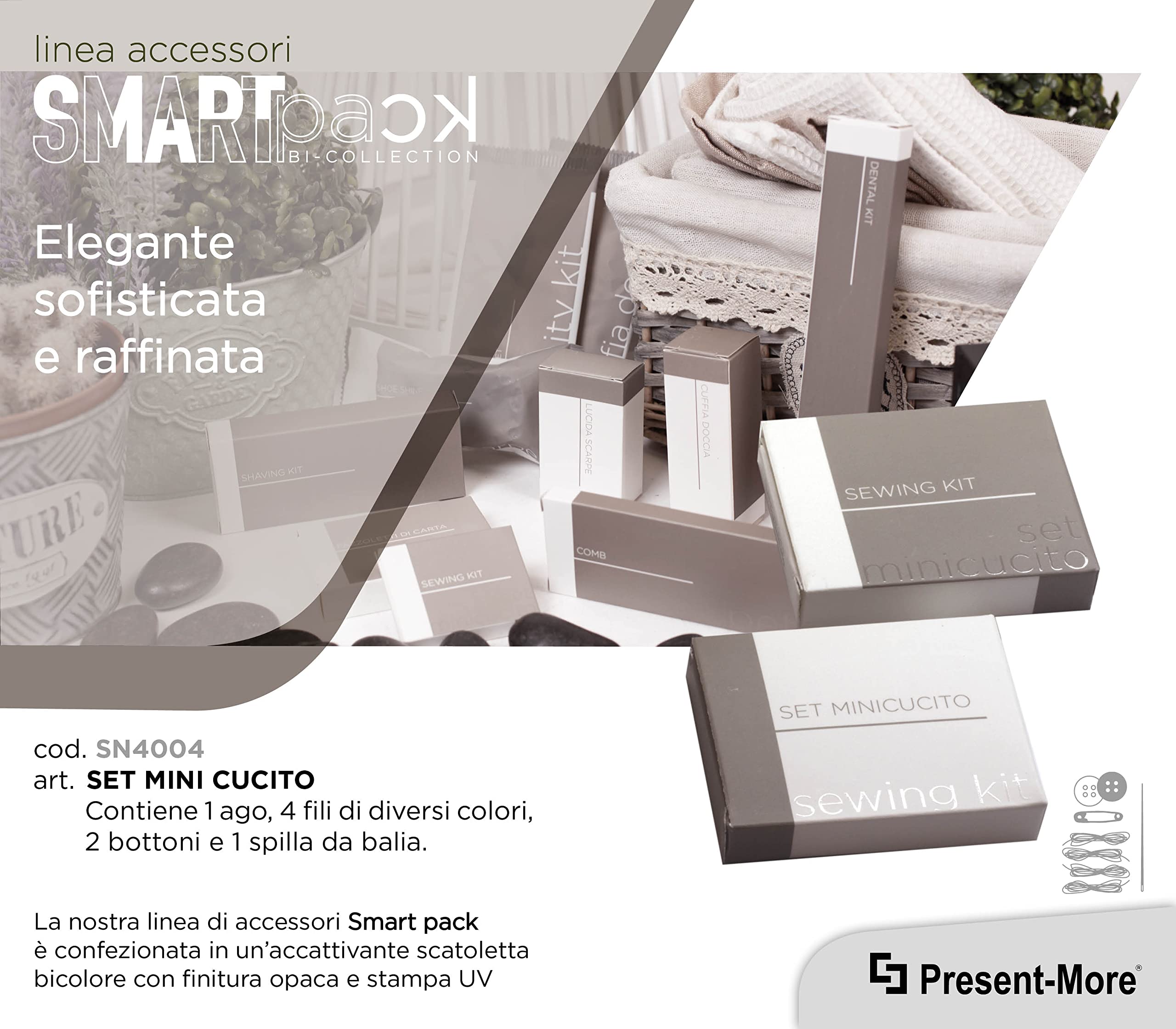 Present-More Nähset Smart - Nähgarn Set 250 Stücke für Hotels und B&B | Einzeln eingetüteter Nähgarn Set, verpackt in recycelbarer Papierschachtel