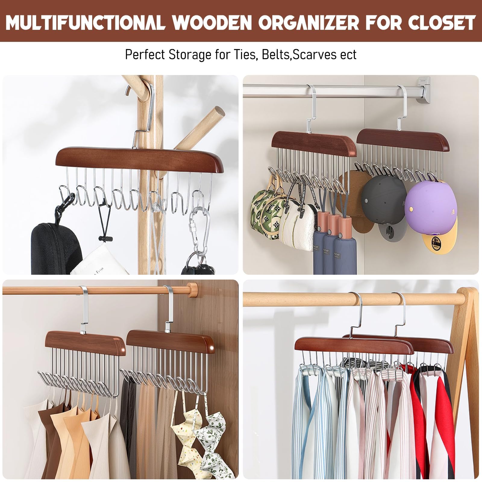 Confezione da 4 grucce in legno per armadio, antiscivolo, multi gancio, appendiabiti per reggiseni, con 8 ganci, accessori per armadio, ganci