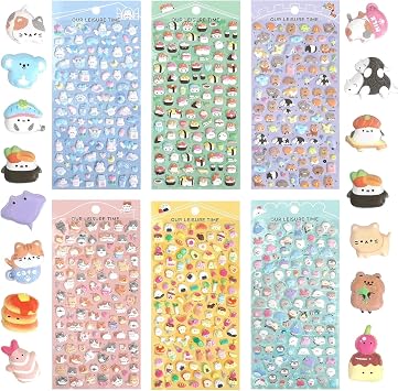 Cute Mini Puffy Stickers 600+, 3D Tiny Micro Bulk Sticker Set for Kids Girls and Adults for Rewards for Phone Cases, otebook, Scrapbooking Animals,Cats,Rabbit,Food & More Removable 6 Sheets
