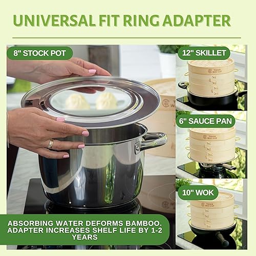 Miniatura 5 de Vaporizador de bambú de 2 niveles de 10 pulgadas con refuerzo y mango, forro de silicona reutilizable y kit de accesorios para cocinar albóndigas,