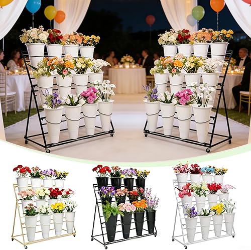 Miniatura 9 de Soporte de exhibición de flores de 3 niveles con 12 cubos, carrito de plantas de flores de metal resistente con ruedas, barra de flores de gran