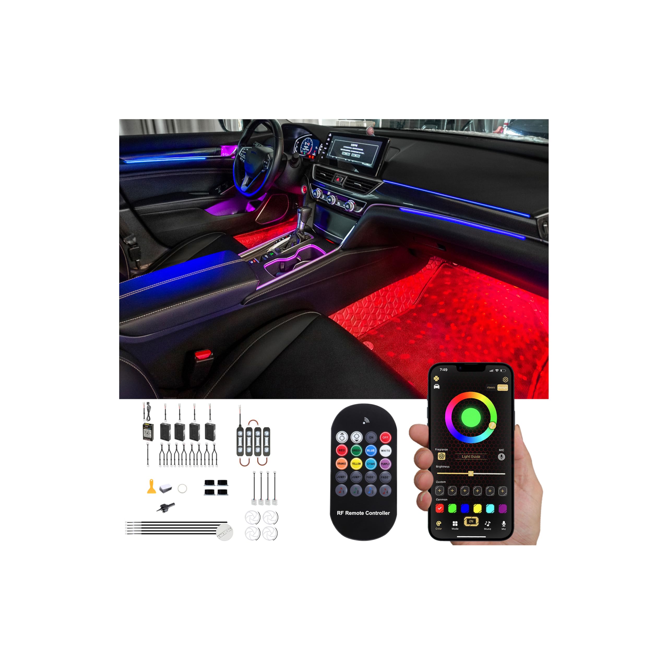 Coche RGB Kit de iluminación Ambiental módulos inalámbricos 1.1mm Barra de luz led Tres Zonas Luminosa Cambio de Color App + RF Remoto + Tacto + botón de Control, Sonido Multicolor música 12V