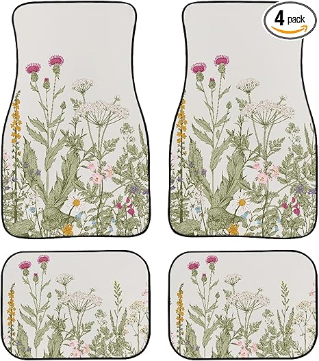 Vintage Wildflower Car Floor Mats Universal Retro Botanical Floral Flower Plant Herbs Sage Green Leaves Floor Mats for Cars Front Rear Car Foot Mats Rugs Cute Car Accessories for Trucks