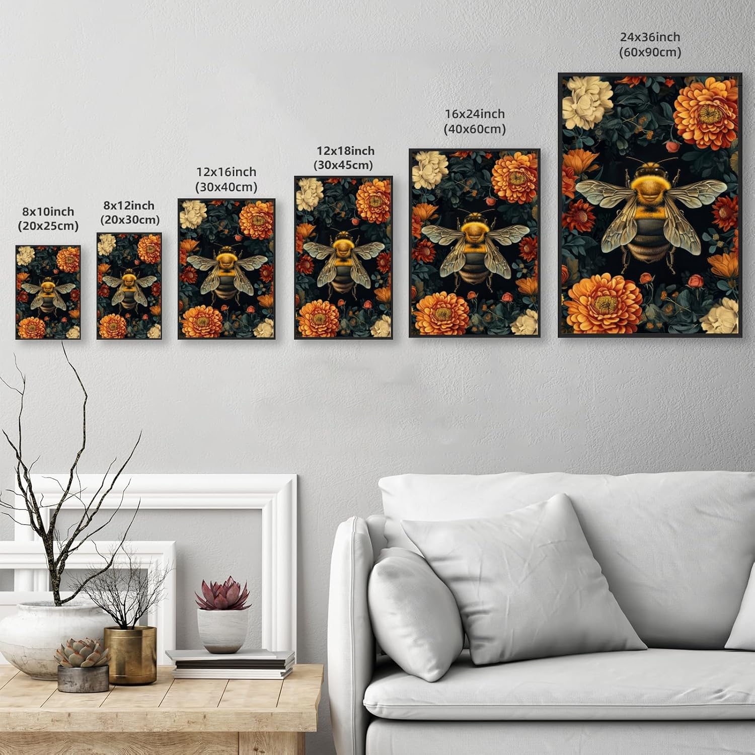 Vintage Floral Bee Wall Art Flower Print Retro Botanical Insect Poster Dark Garden Cottagecore Aesthetic Victorian Canvas Gothic Wall Decor for Rustic Bedroom Home 8x12inch Aluminum Framed