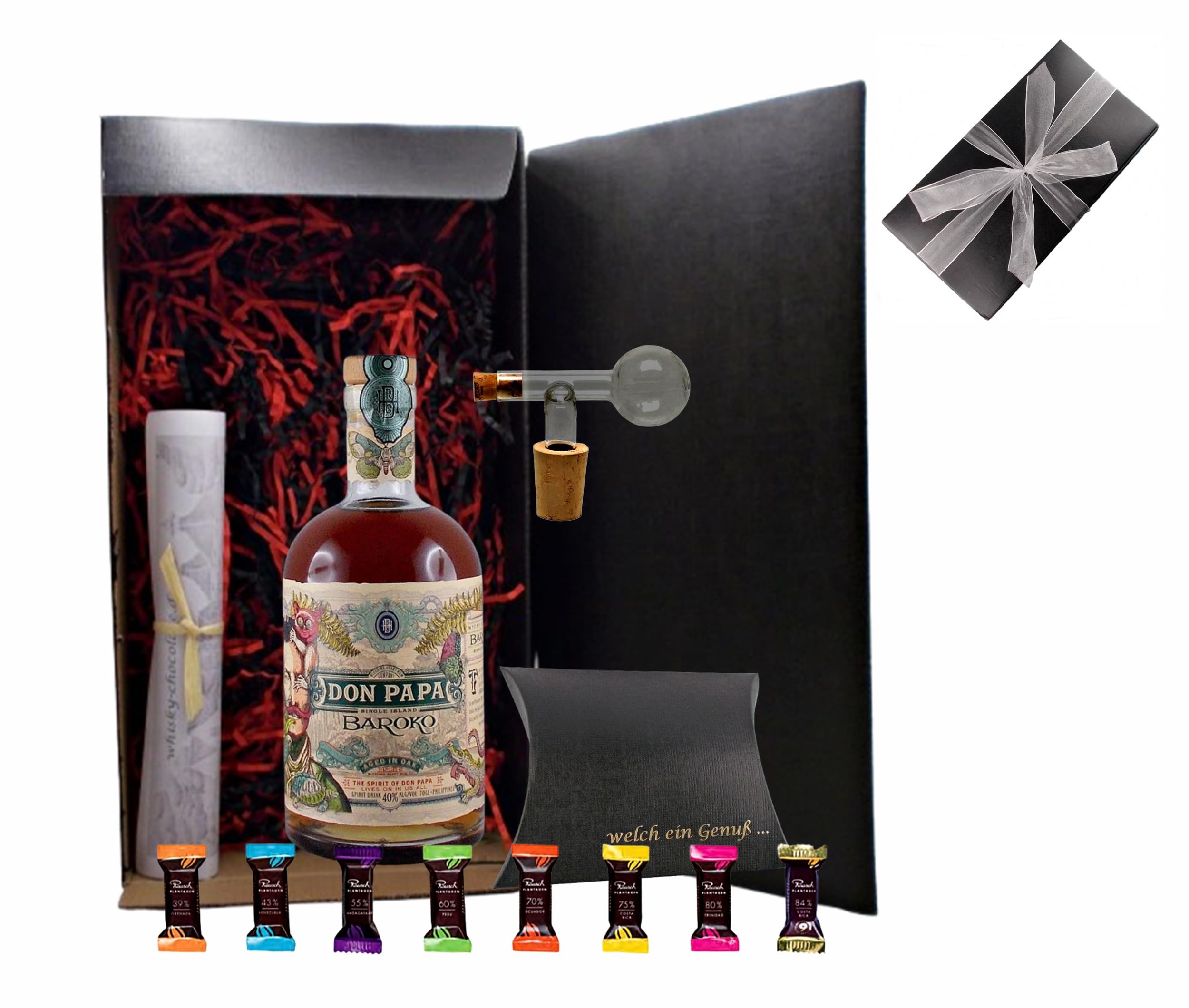 Geschenkset Don Papa Rum Baroko 0,7l + 8 Rausch Edelschokoladen in 8 Sorten + Glaskugelportionierer + Edles Rum Tasting Set mit Schokolade in Geschenkbox für Männer & Genießer