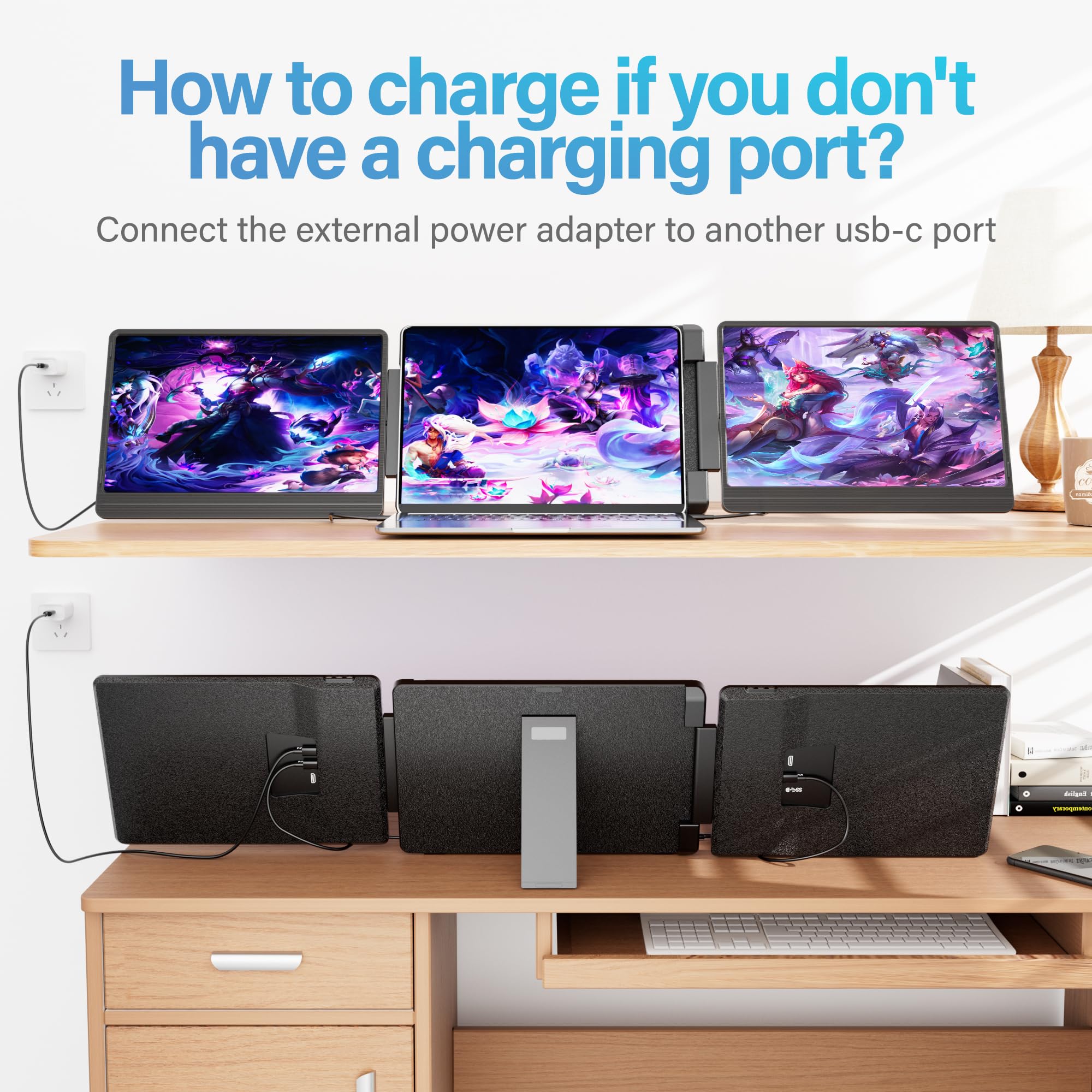 Laptop Screen Extender, 14’’FHD 1200P Triple Portable Monitor for Laptop Ultra-Slim IPS Display，HDMI/USB-C Plug and Play for 12"-17.5" Laptops Compatible with Win and MacBook for Travel /Home/Office — view 6