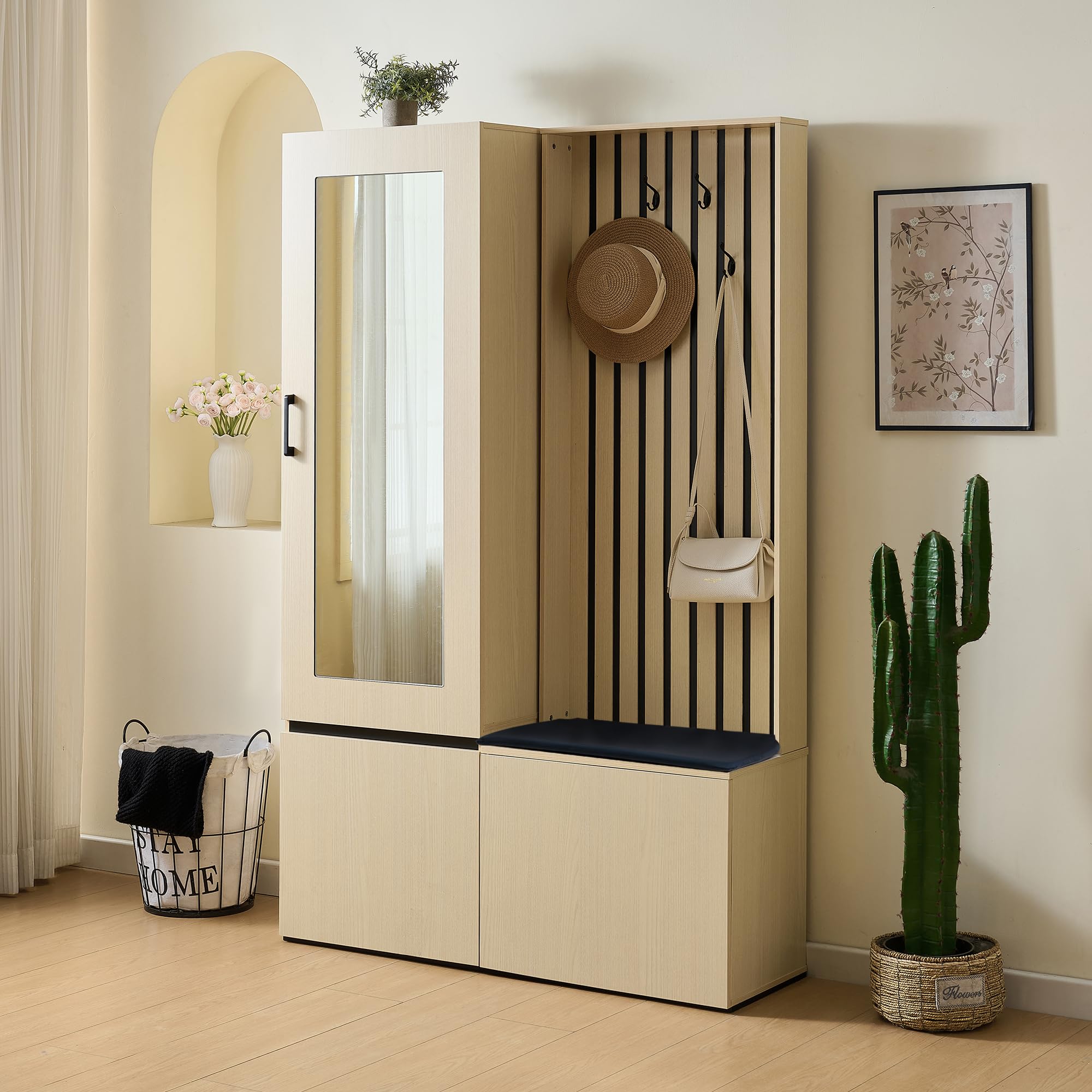 Merax Garderobenschrank mit Spiegel und Sitzbank – Modernes Flurmöbel-Set mit Schuhablage, ausziehbarer Kleiderstange, 4 Haken, Stauraum für Flur, Schlafzimmer & Eingangsbereich