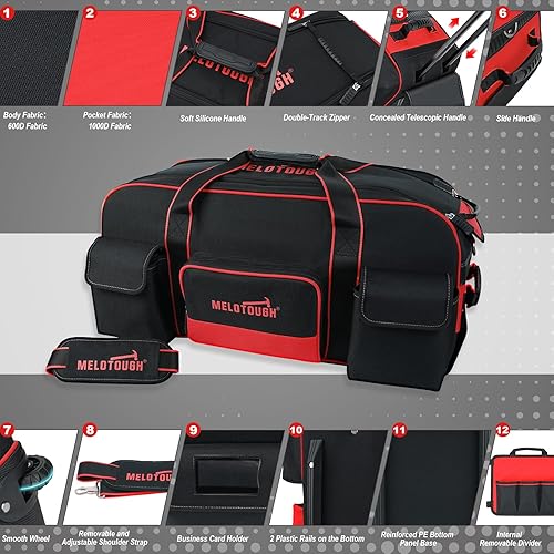 Miniatura 2 de MELOTOUGH Bolsa de herramientas rodante con ruedas, organizador de bolsa de herramientas de gran capacidad con mango telescópico oculto para