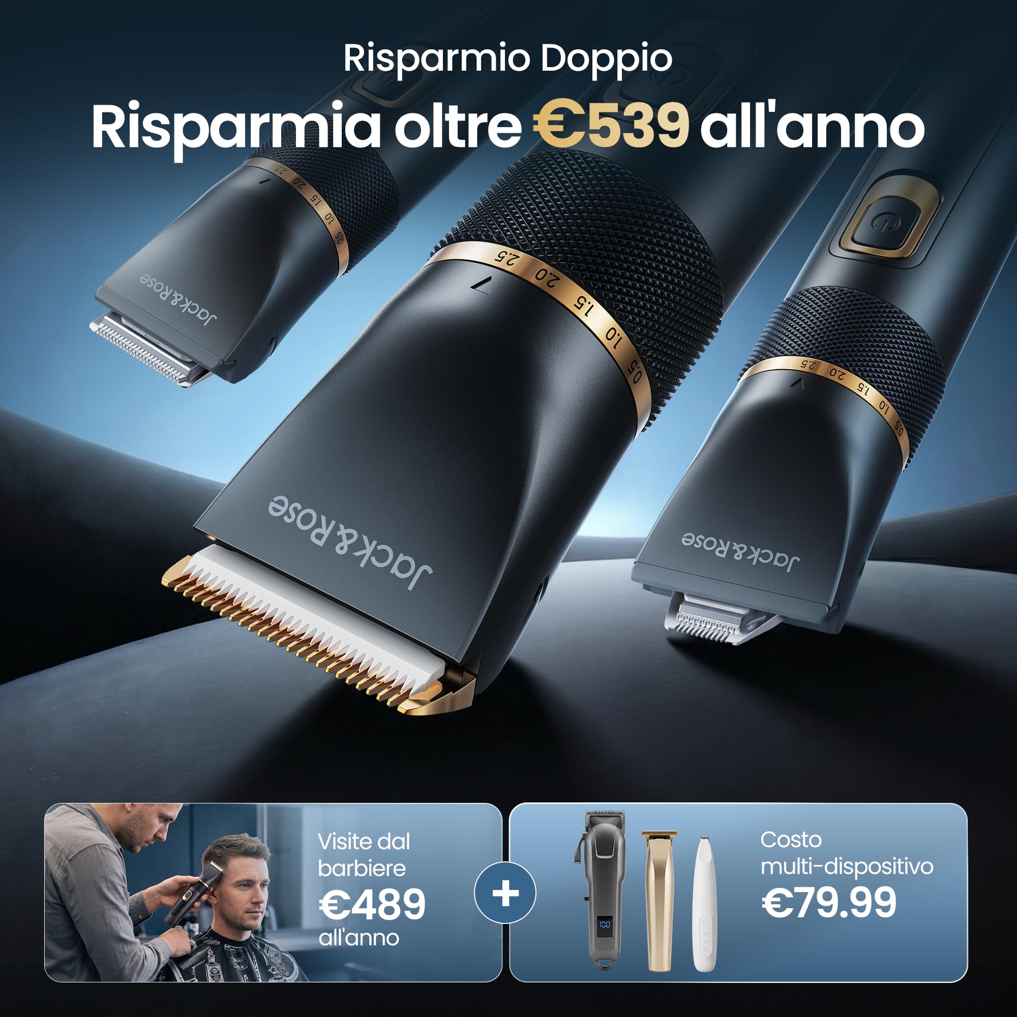 Jack&Rose Tagliacapelli & Barba Uomo 3-in-1, Senza Filo Lama Ceramica