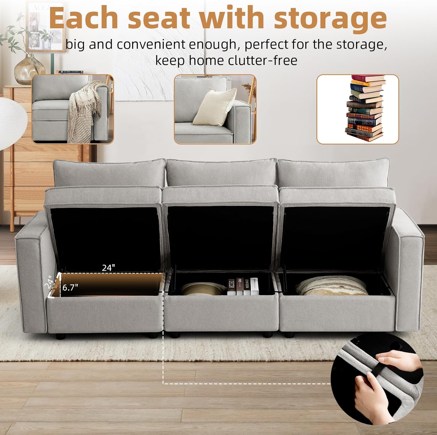 ABAKAN 88.7" Modular Sectional Sofa with Storage, Modern Couches for Living Room, Comfy 3-Seater with Movable Ottoman, Side Pockets, Removable Cushion Cover, Linen, Grey