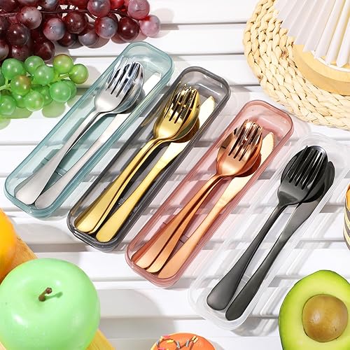 Miniatura 2 de Juego de 4 utensilios de viaje portátiles con estuche, cubiertos reutilizables de acero inoxidable, cubiertos de campamento, incluye tenedor,