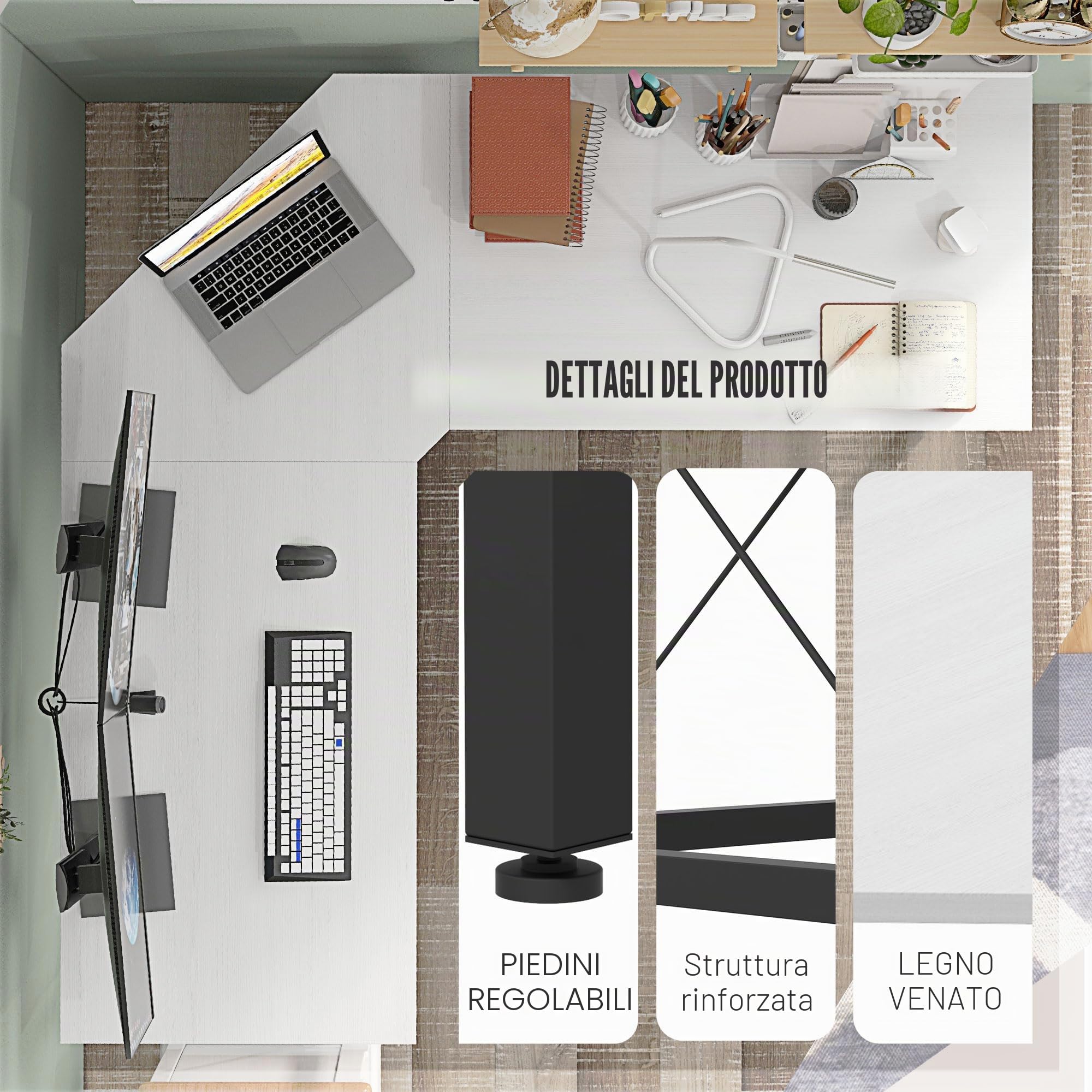 HOMCOM Scrivania a L Scrivania moderna ad angolo con struttura in acciaio Portata 70 kg per ufficio casa studio 150x150x76 cm Bianco