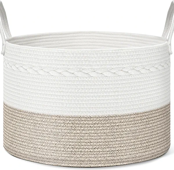 Noonkty XXL Large Blanket Basket - Woven Baskets for Storage, Baby Toy Baskets, Wicker Basket with Handle, 21.7"D X 13.8"H Living Room Blanket Storage, Boho Brown
