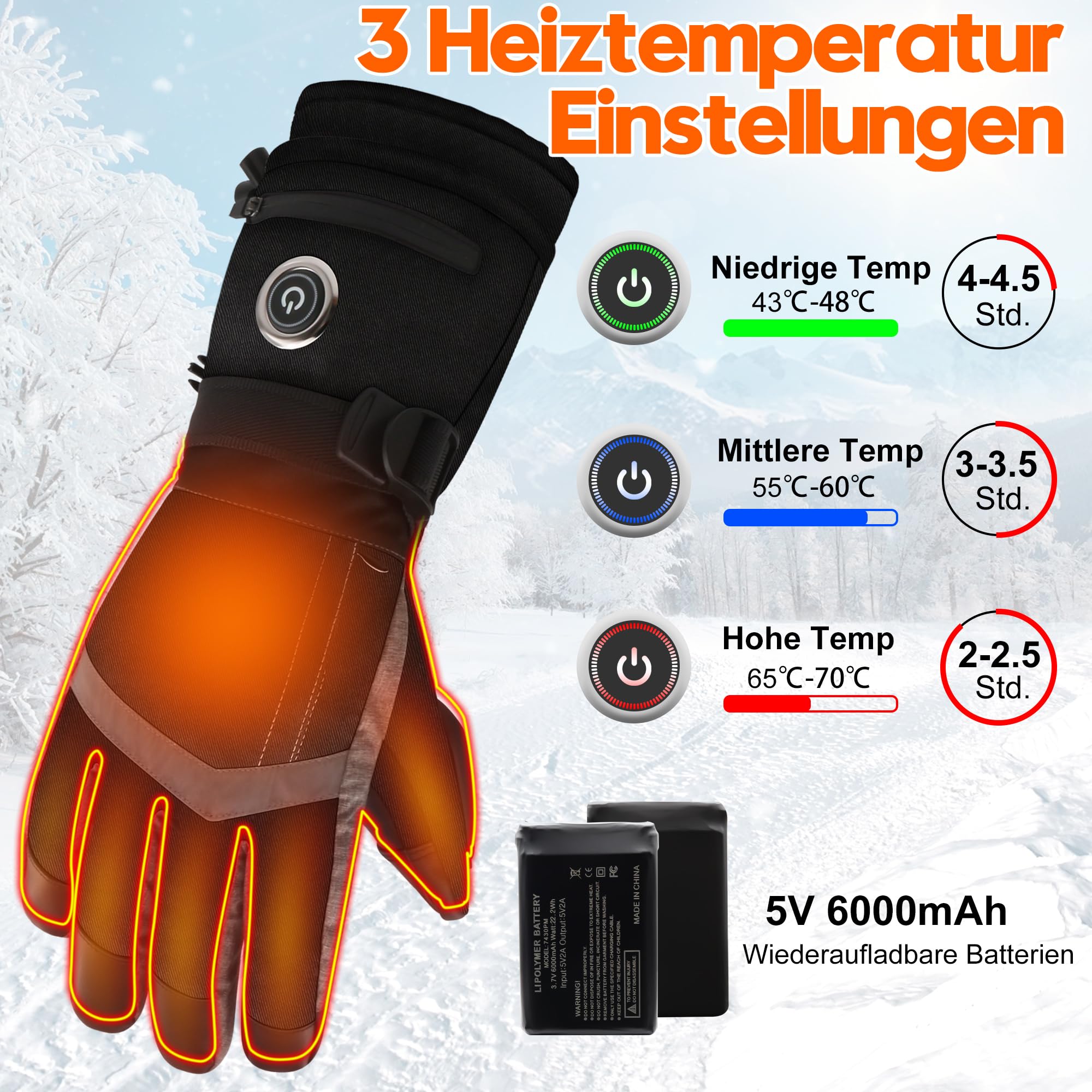 Beheizte Handschuhe für Männer und Frauen, 6000 mAh Akku, wiederaufladbare Handwärmer-Handschuhe mit Touchscreen, wasserdicht, elektrisch, beheizter Skihandschuh für Winter, Outdoor, Arbeit, Jagd
