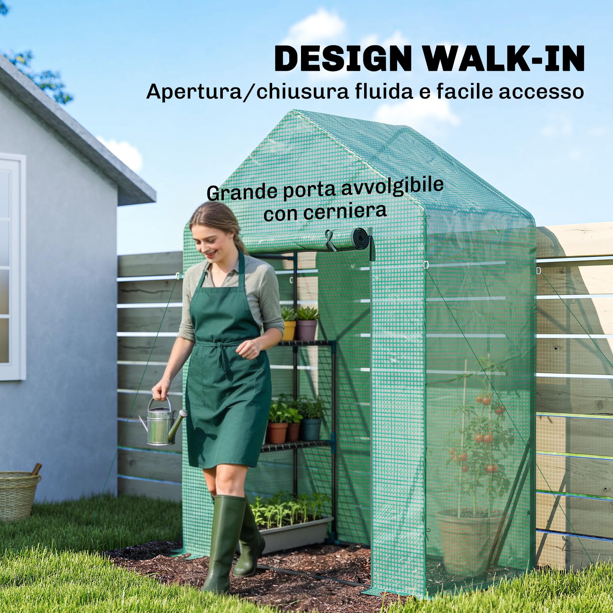 Outsunny Serra da Giardino con Porta Avvolgibile e Scaffale a 2 Ripiani, Serra per Orto con Struttura in Acciaio e Copertura PE, per Piante Orto Verdure Fiori Frutta, Anti UV, 143x73x195 cm, Verde
