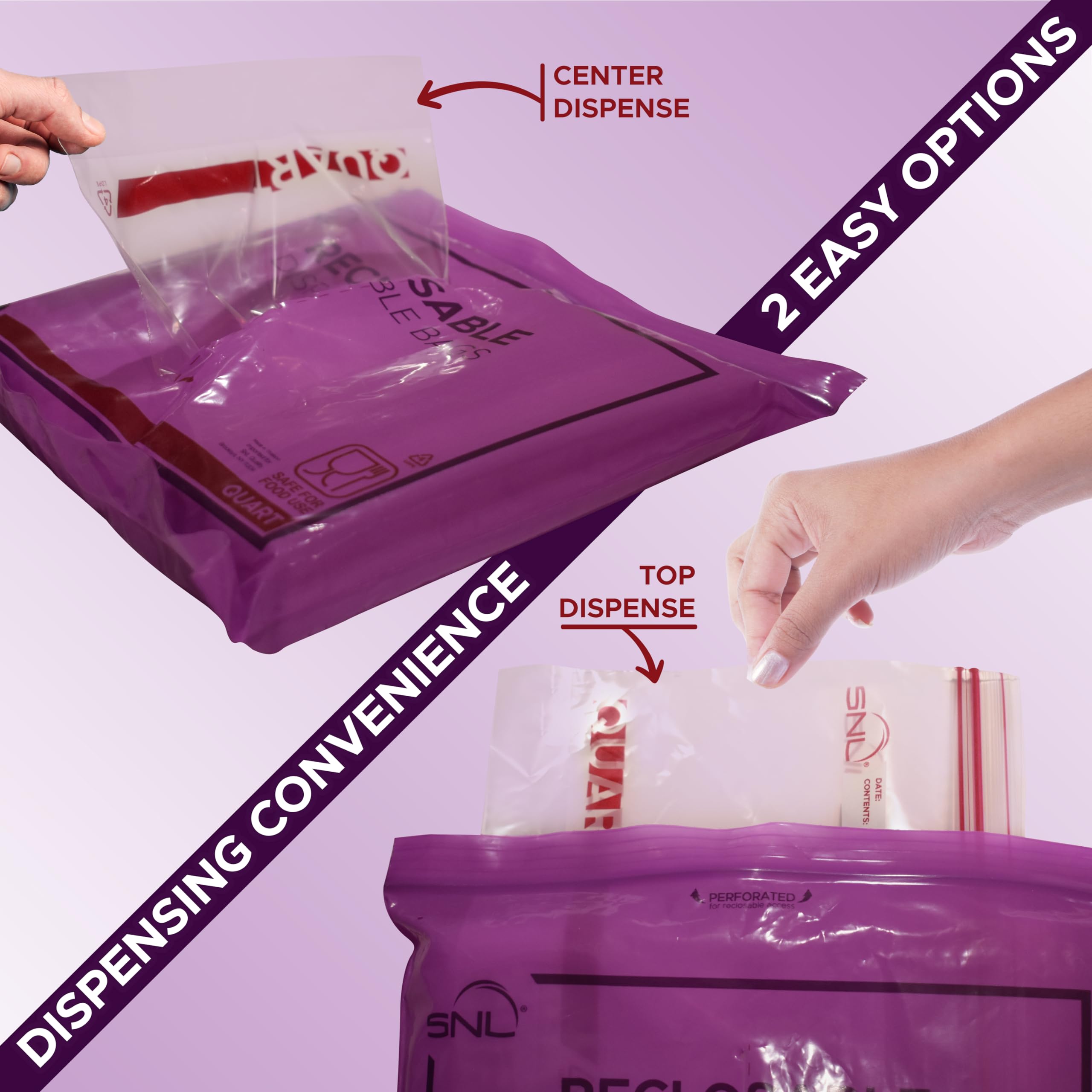 SNL - Bolsas de almacenamiento de alimentos transparentes de 200 cuartos de galón, cremalleras dobles de clic, refuerzo, paquete dispensador