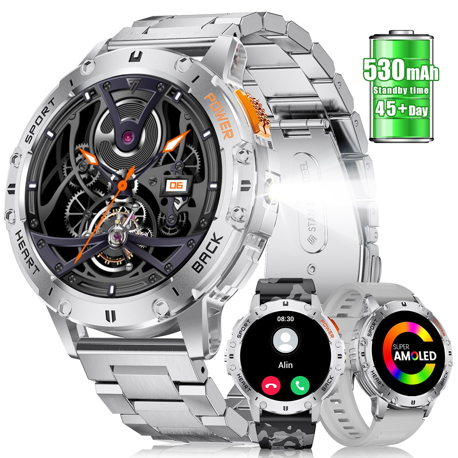 FOXBOX Smart Watch for Men, 1.43’’ AMOLED Smartwatch with Flashlight Answer/Make Calls, 110+ Sports Modes Fitness Tracker, Blood Pressure/Calorie/Heart Rate/Sleep Monitor for Android iOS Silver