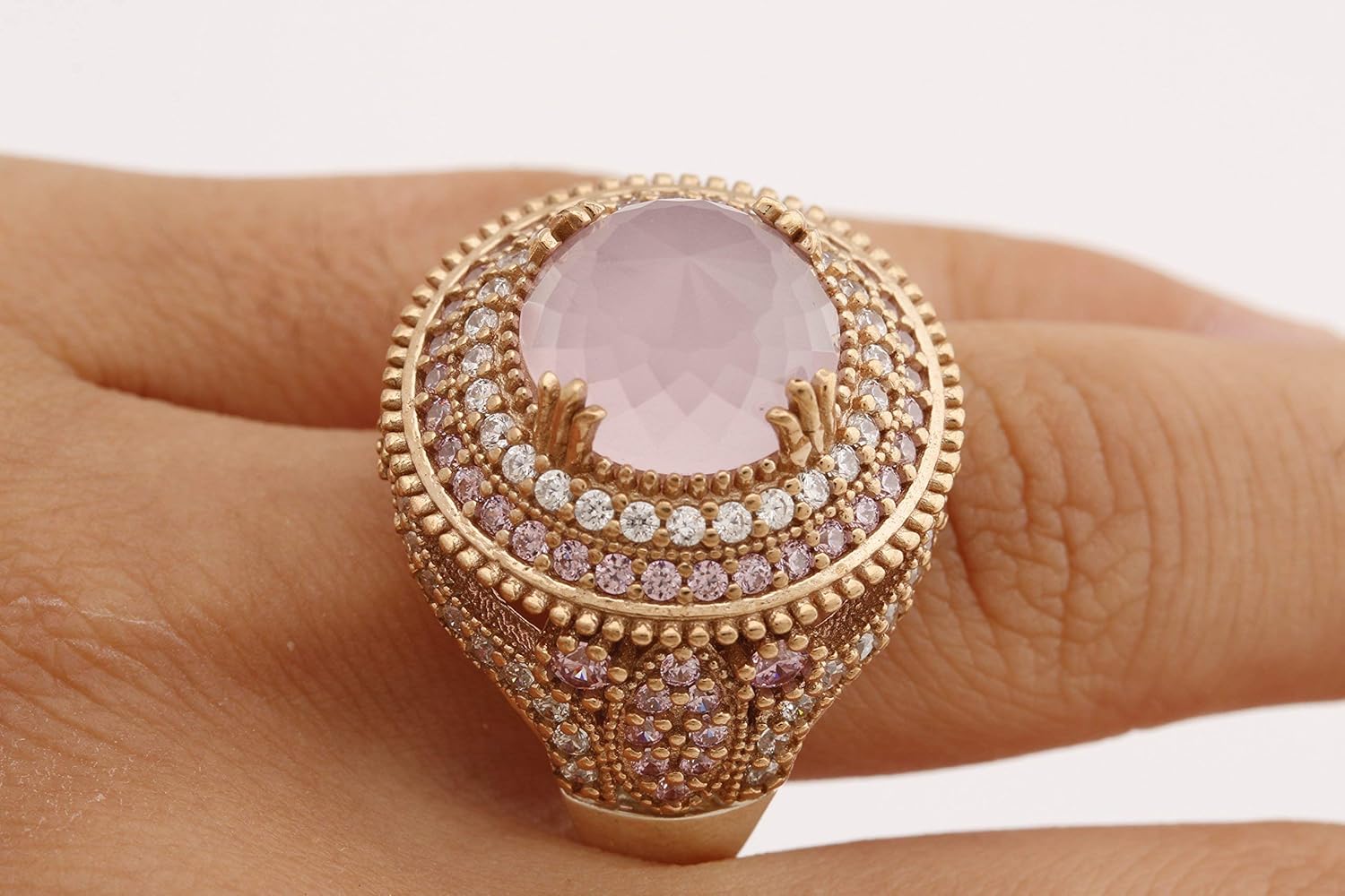 Turkish Handmade Jewelry Round Shape Pink Quartz and Round Cut Topaz 925 Sterling Silver Ring Size Option