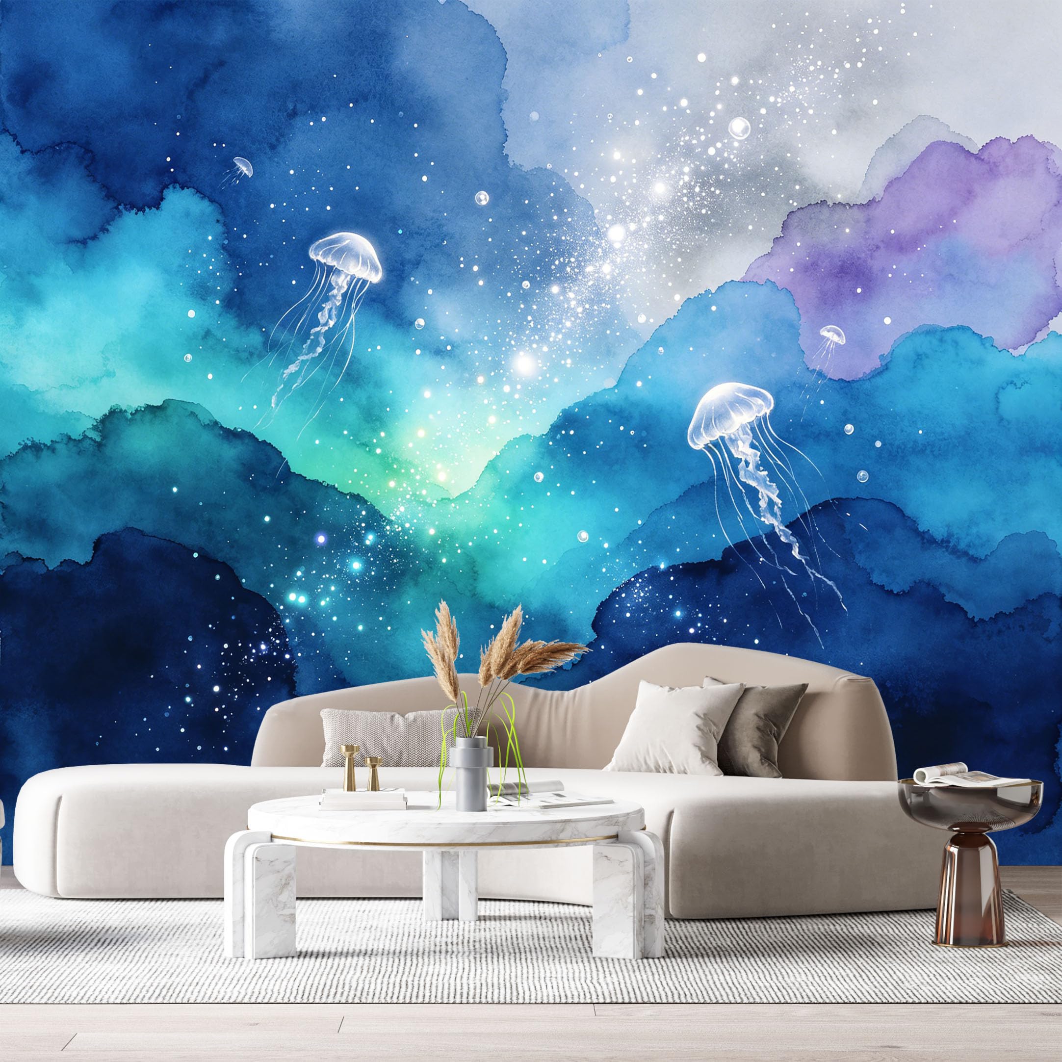 Custom Size Wall Murals Ocean Marine Watercolor Jellyfish Deep Sea Glow SelfAdhesiveWall Fabric Removable Wallpaper Wall Decor for Living Room Bedroom Bathroom