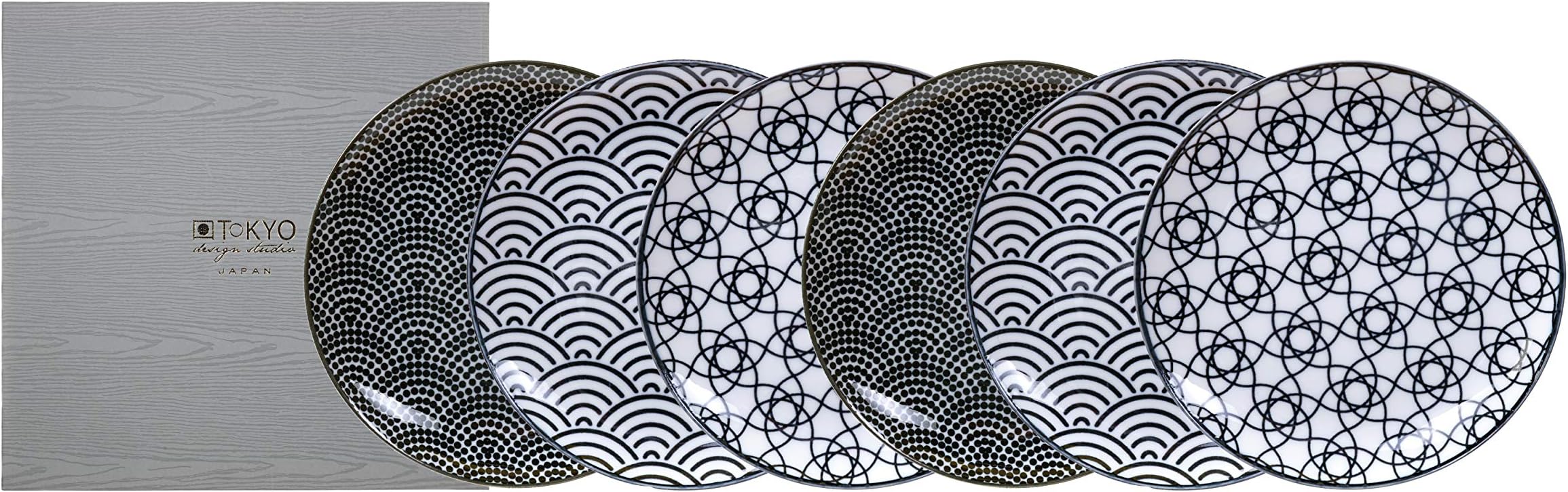 TOKYO design studio Nippon Black Set of 6 plates black and white, Ø 16 cm, approx. 2 cm high, Asian porcelain, Japanese design with geometric patterns, incl. gift packaging