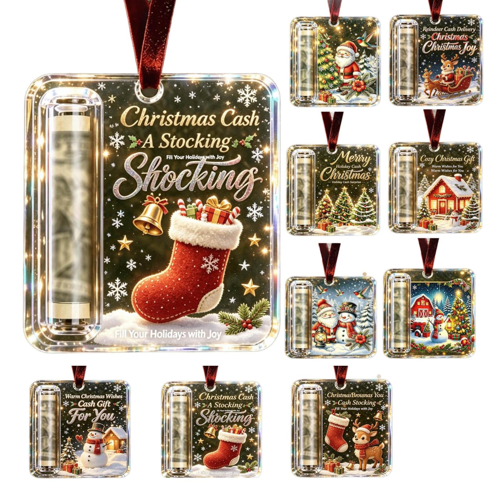 9Pcs Christmas Cash Gift Holder Ornament, Funny Hanging Xmas Tree Decor, #A