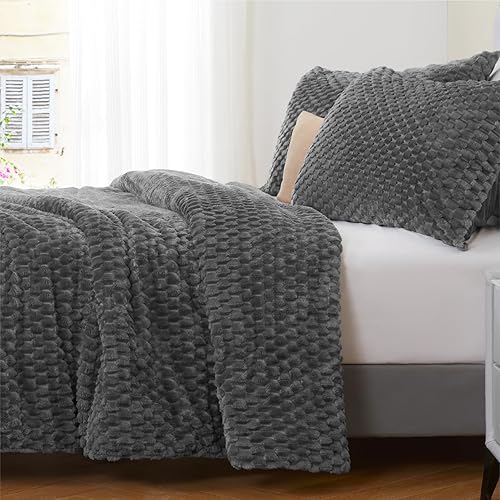 Miniatura 3 de Juego de edredón mullido tamaño Queen, juego de edredón de lujo de piel sintética cepillada con patrón a cuadros, juego cómodo de terciopelo peludo,