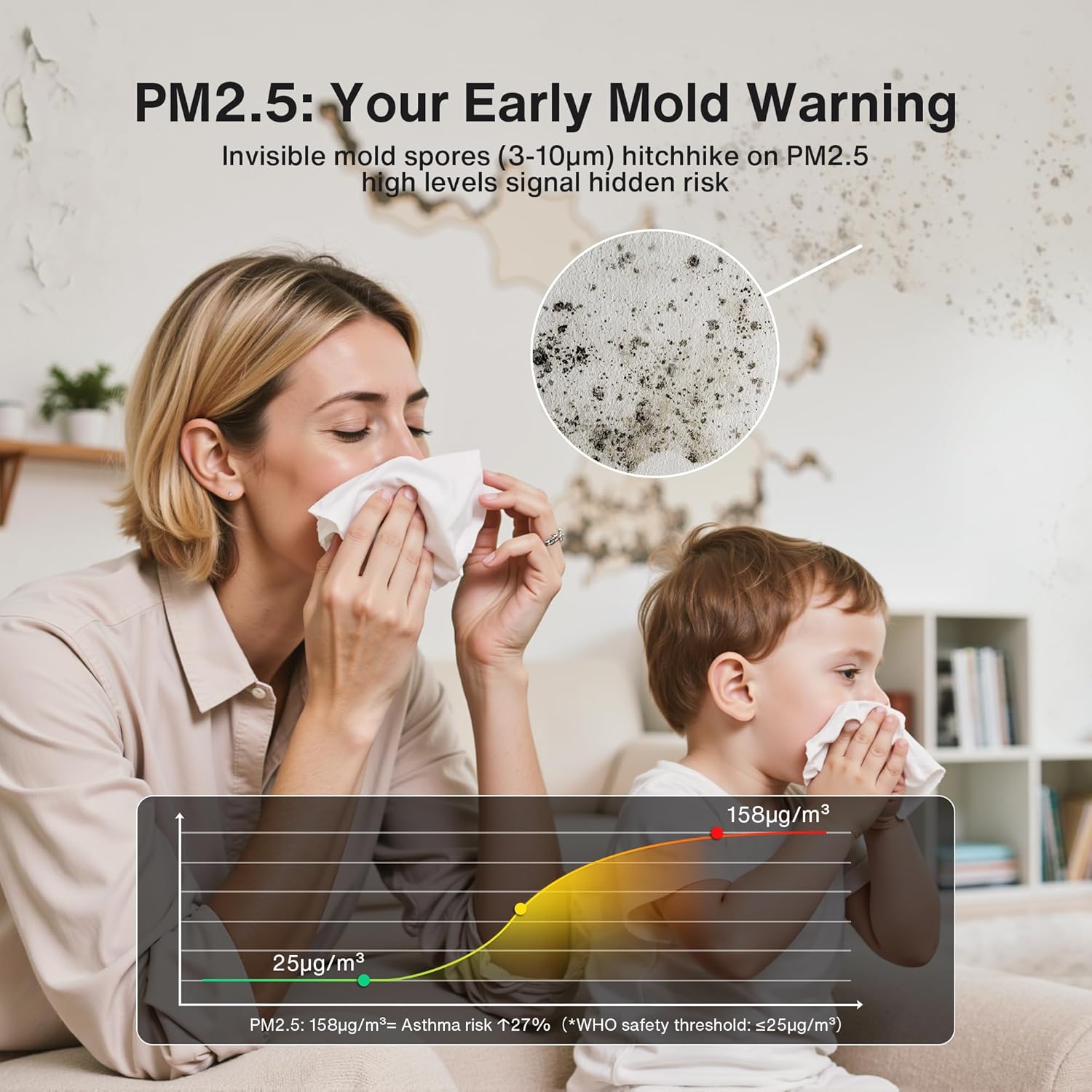 PM2.5 levels indicating mold risk with people sneezing
