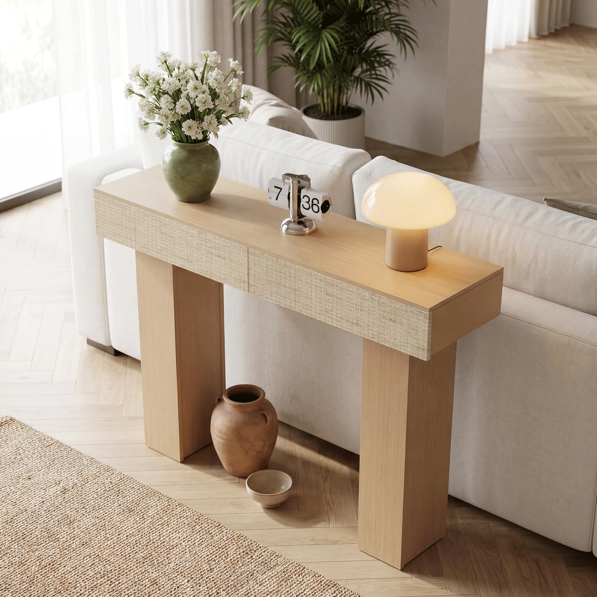Consolle con 2 Cassetti in Rattan, 114 cm Tavolo Divano Moderno con Ripiano, Struttura in Legno Ingenierizzato per Ingresso, Soggiorno e Corridoio