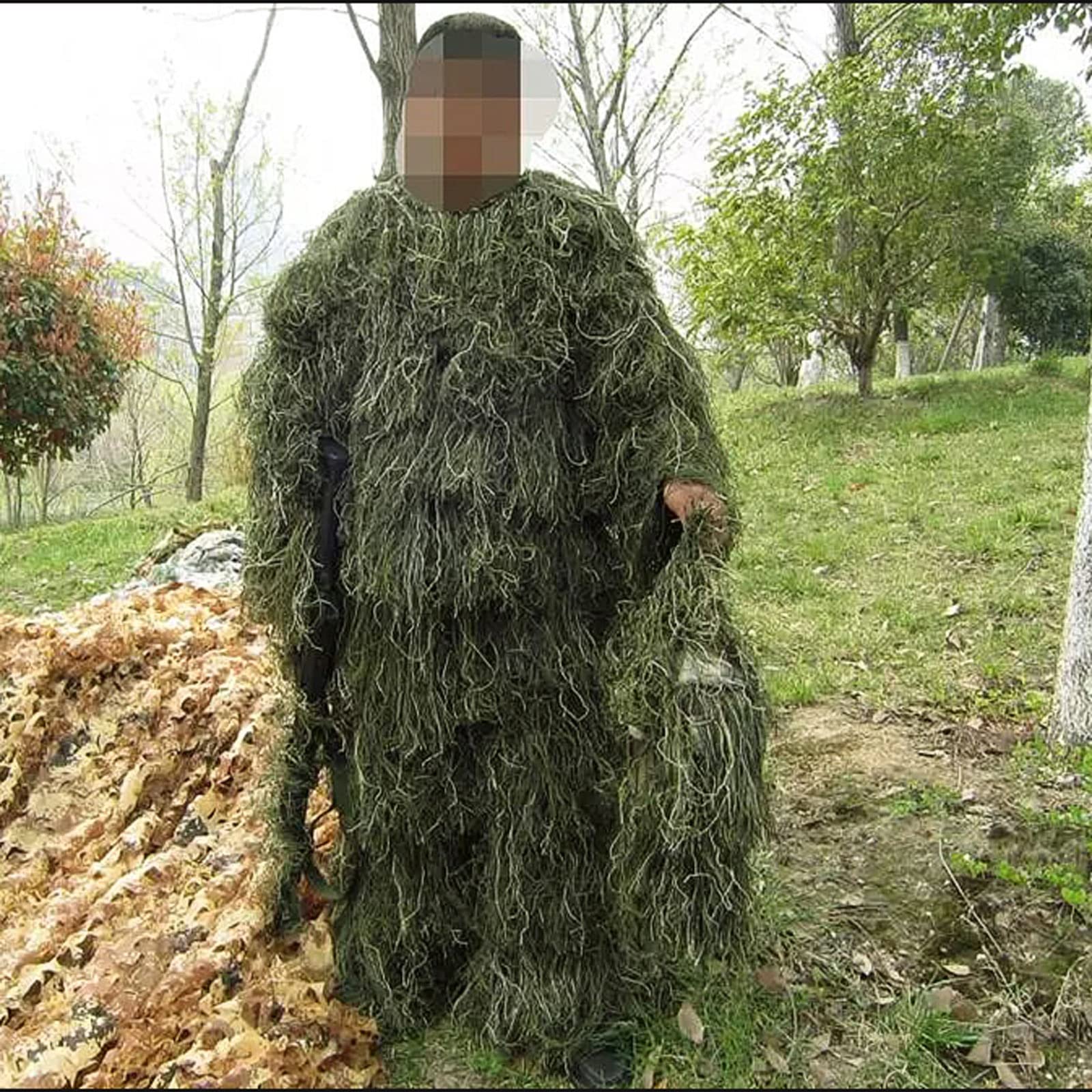 Tuta da Cecchino,Abbigliamento Mimetico Softair Giacca Mimetica Uomo Vestiti di Caccia Fotografia Costume Cespuglio Cammuffamento Pantaloni Caccia Cappello,4 Pezzi& Borsa