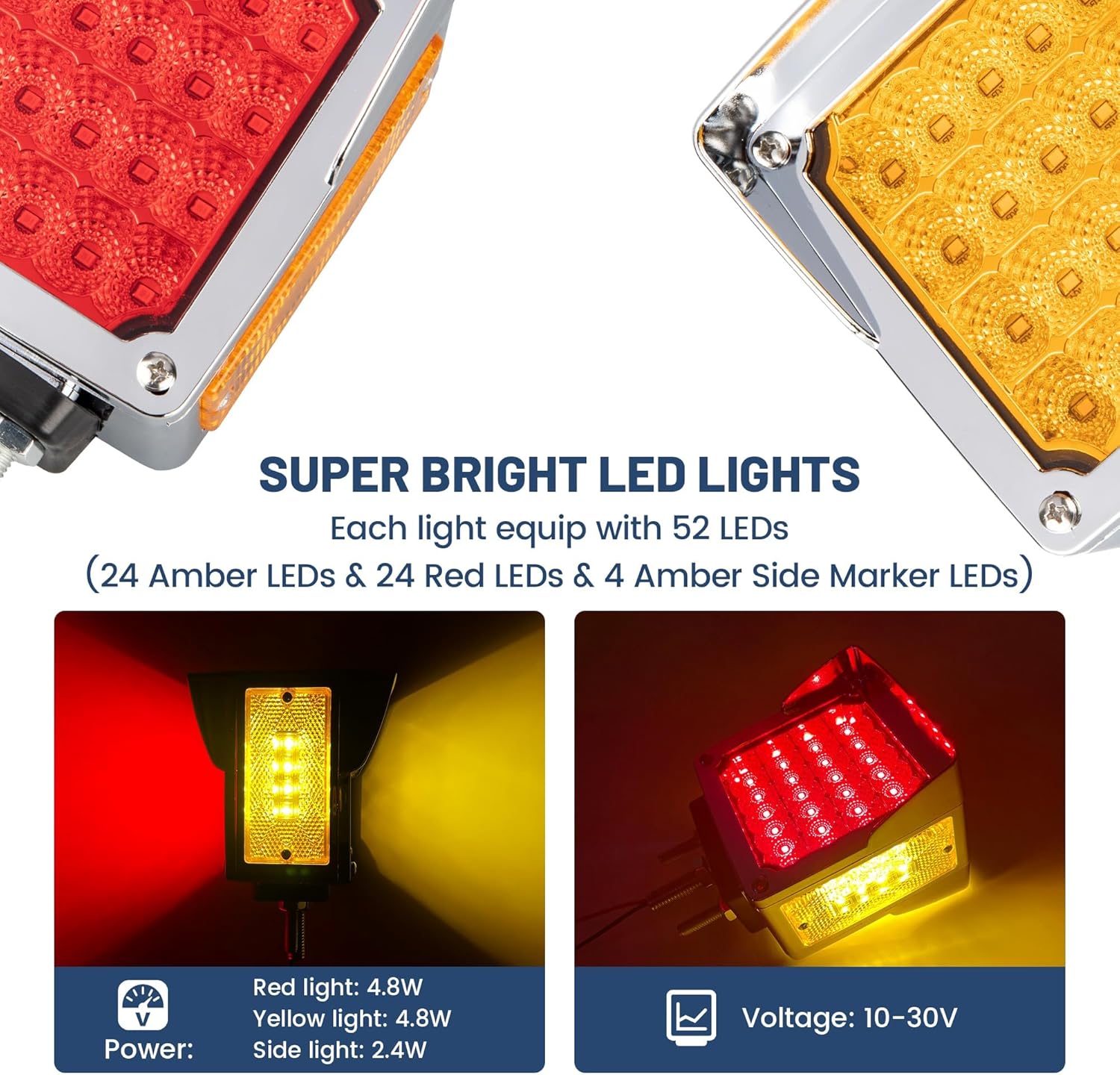 Oyviny Double Face Square LED Fender Pedestal Amber/Red Turn Signal Marker Light W/Chrome Visor Truck 52 LEDs Tail Light IP65 Waterproof Sealed Stud Mount Lights for Freightliner Kenworth Peterbilt