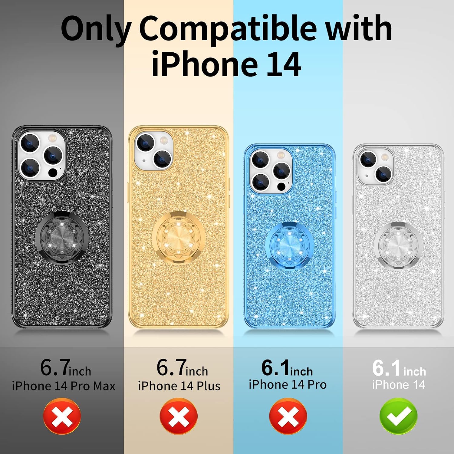 OCYCLONE Compatible with iPhone 14 Case 6.1 inch, Glitter Sparkle Diamond Case with Ring Stand Protective Phone Case Compatible for iPhone 14 Case for Women Girls - Silver