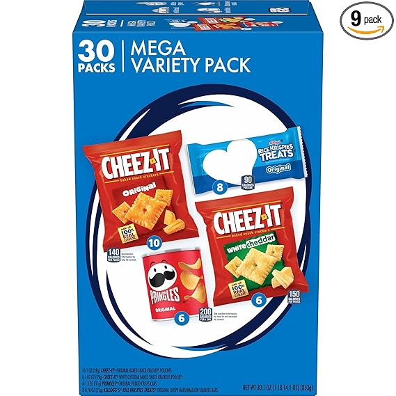 Kellogg's Cheez-It, Pringles & Rice Krispies Treats Snacks Mega Variety Pack, 30.1oz Box (30 Count)
