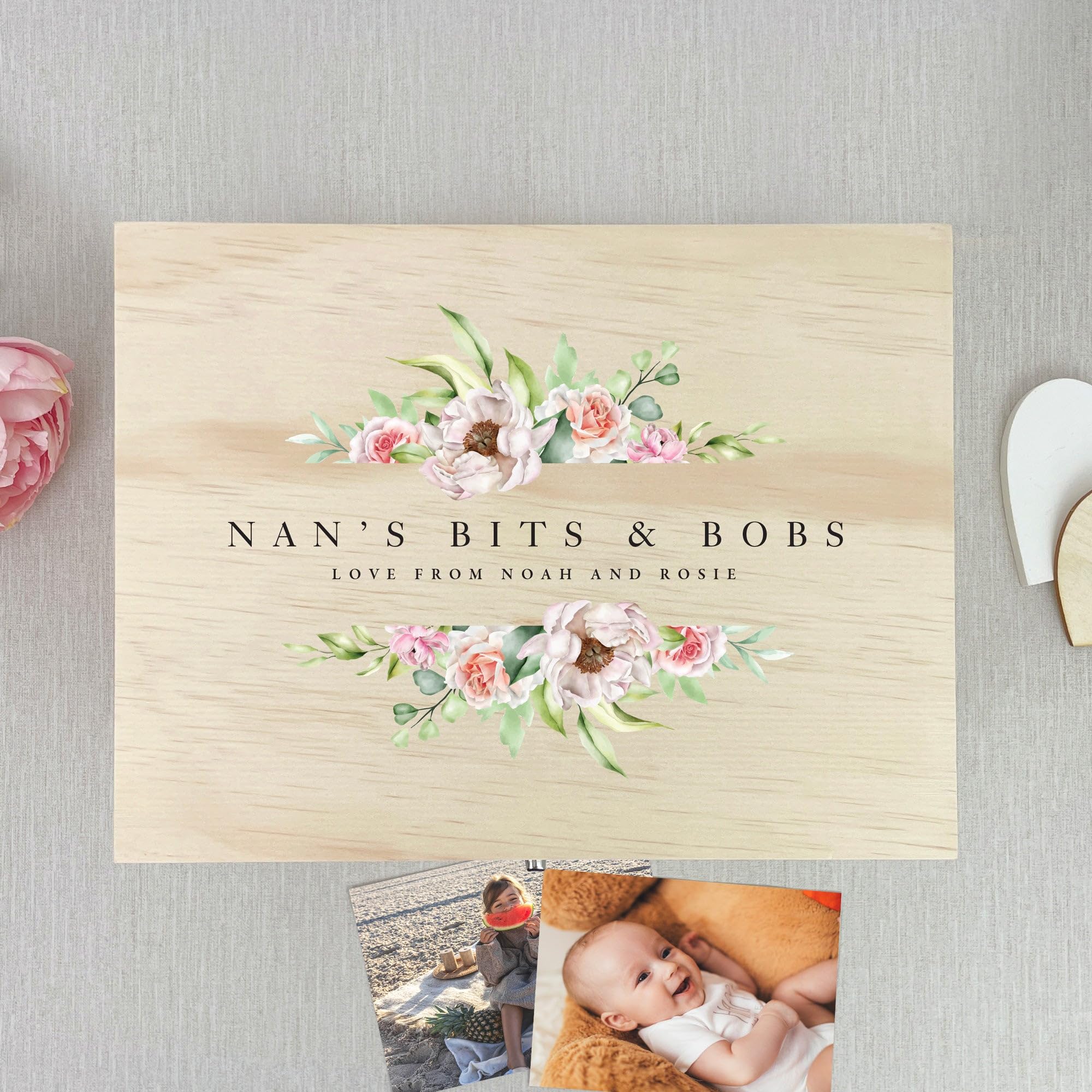 Caja de recuerdos de madera personalizable con diseño floral rosa | Día de la Madre, aniversario, regalo de cumpleaños para ella | 26 x 18,9 x 15,5 cm (ancho x profundidad