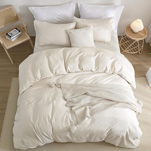 Miniatura 6 de Litanika Funda de edredón de algodón tamaño matrimonial, color beige, funda de edredón con textura similar al lino, suave y transpirable, juego de