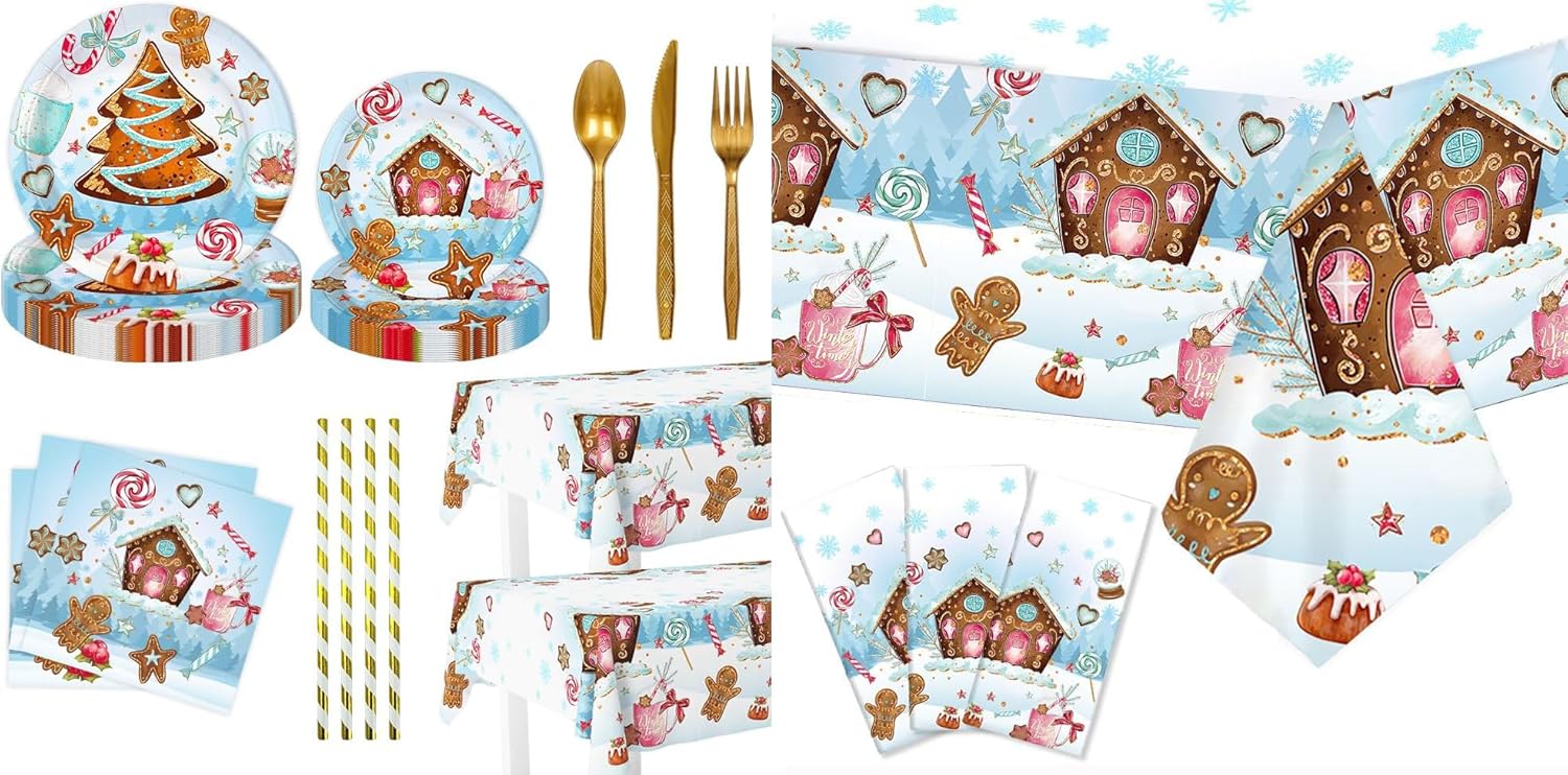 197Pcs Christmas Party Decorations Tableware, Gingerbread House Cookie Christmas Plates, Cup, Napkins, Tablecloth, Christmas Party Supplies Disposable Cutlery Serve 24 Guests