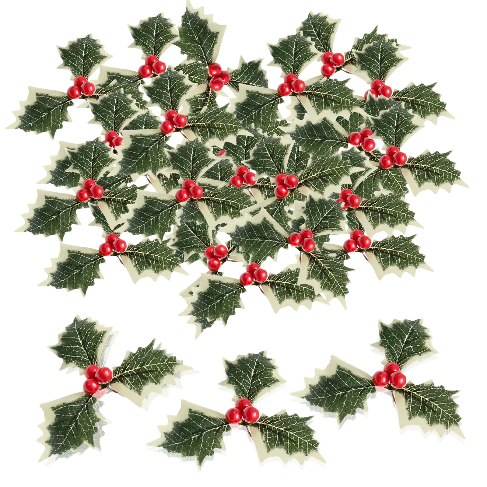 30 pcs Holly Berries with Green Leaves,Artificial Holly Berries with Green Leaves Red Berries Winter Berries Branches,Xmas Berries for Xmas Tree Ornaments,Wreath Making Supplies,DIY Crafts,Home Décor — image 1