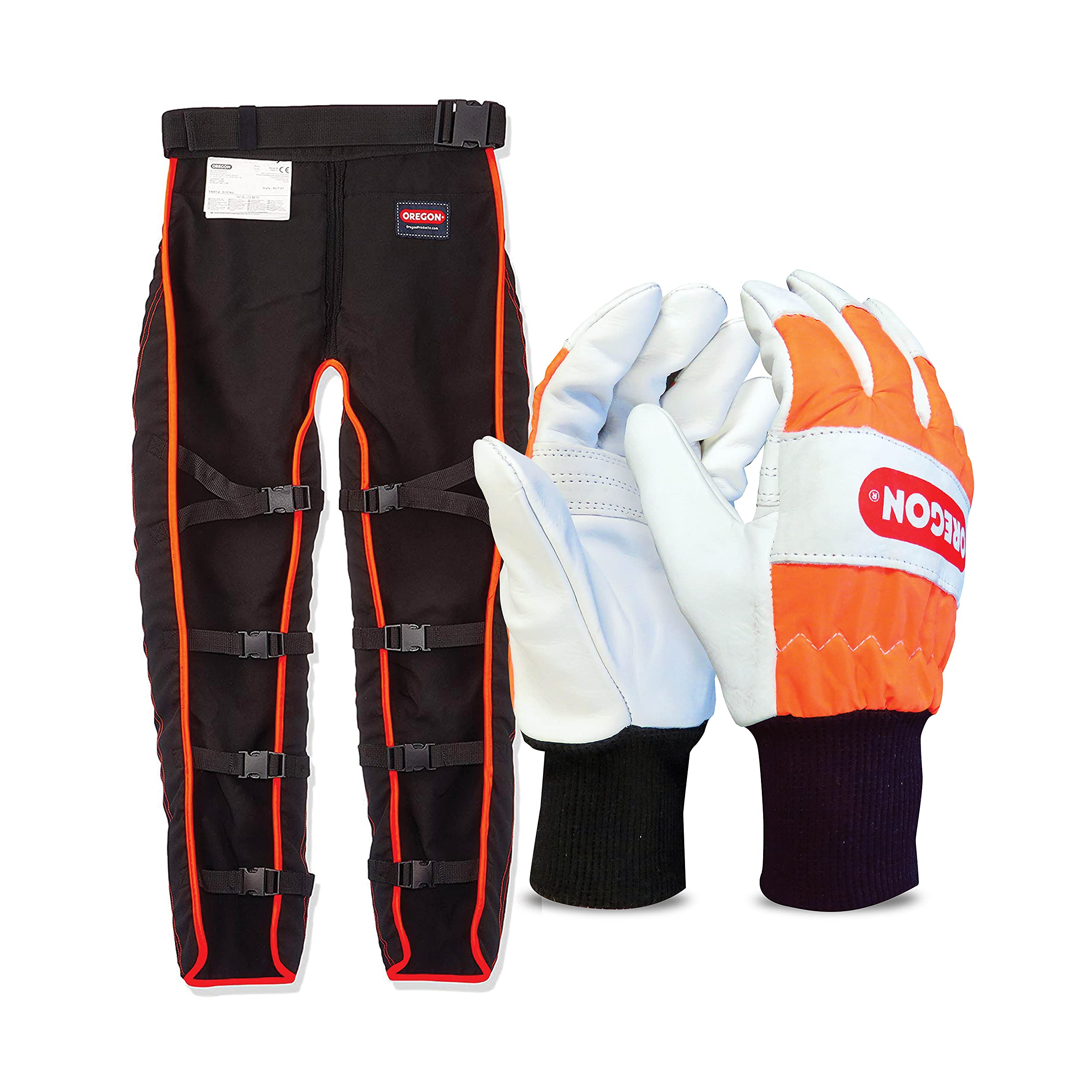 Oregon Universal Type A Chainsaw Safety Leggings, Adjustable Protective Chaps Trousers - Front Protection Only (575780) & Large Chainsaw Protection Gloves