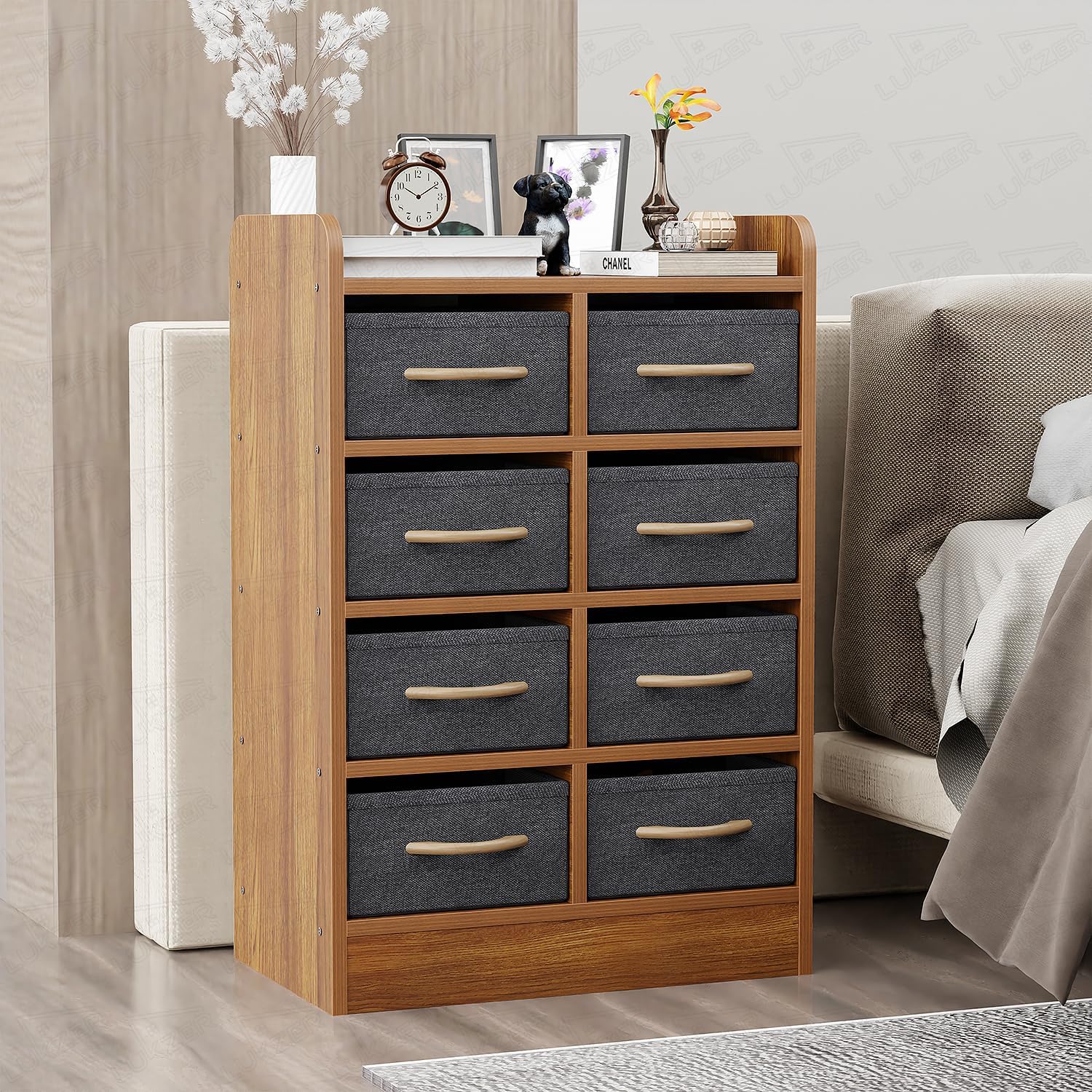 Lukzer 8 Drawer Multipurpose Organizer with Fabric Storage Shelves – Engineered Wood & Fabric Storage Chest | Sturdy Wooden Frame | Elegant Dresser for Bedroom, Closet & Living Room (MR-028/Oak Brown)-image-16